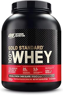 Optimum Nutrition (ON) Gold Standard پودر پروتئین وی 100%، منبع اصلی ایزوله، 24 گرم پروتئین برای پشتیبانی از عضلات - شکلات تلخ دوبل، 5 پوند، 74 سروینگ (2.27 کیلوگرم)، بسته بندی ممکن است متفاوت باشد