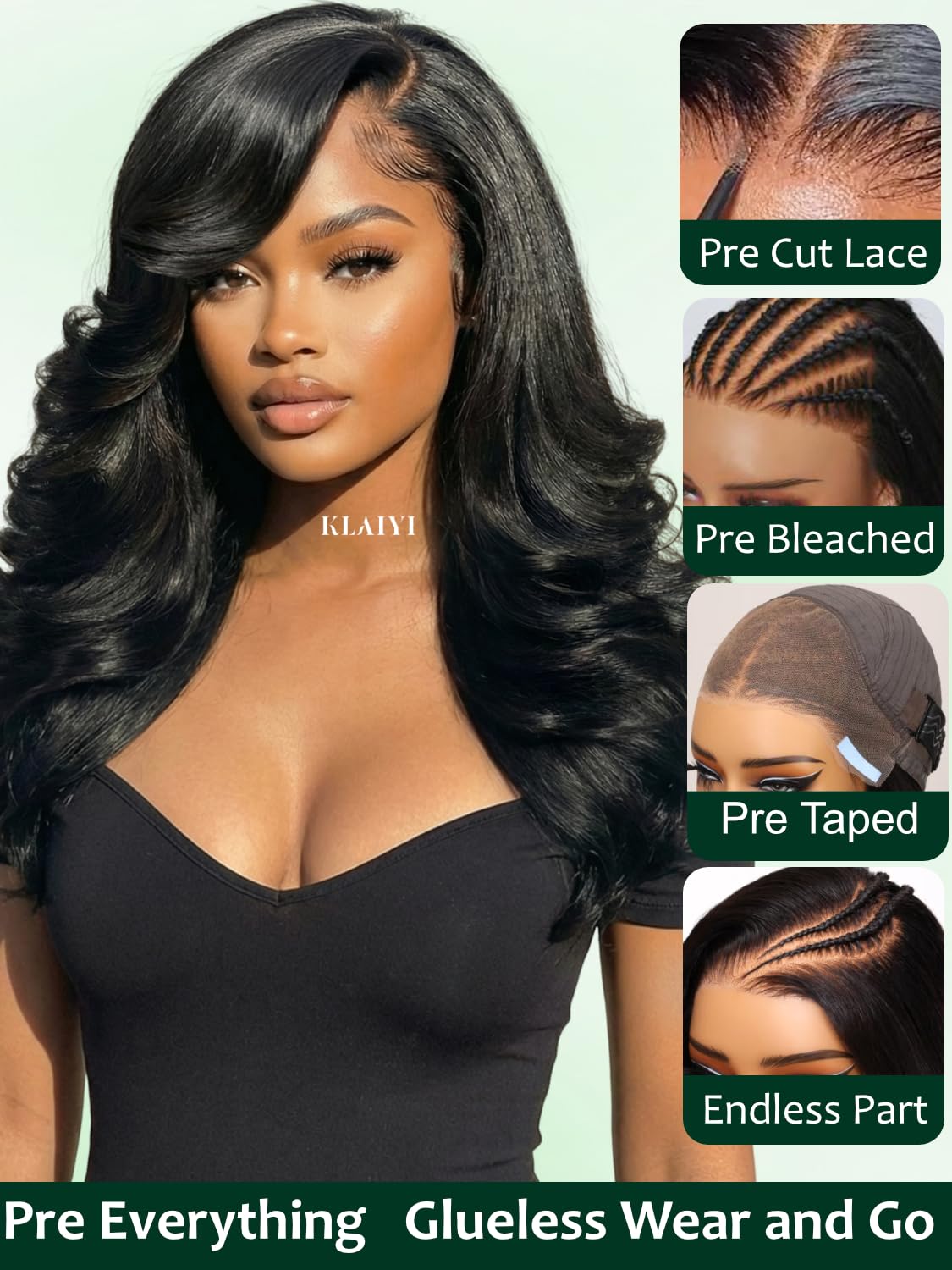 KLAIYI Pre Everything Glueless Layer Side Part Loose Body Wave 13x4 Lace Front Wigs Human Hair Drawstring Curtain Bangs Face framing Pre Bleached Knots Pre Plucked 3S Ready to Put On and Go Wig 16Inch