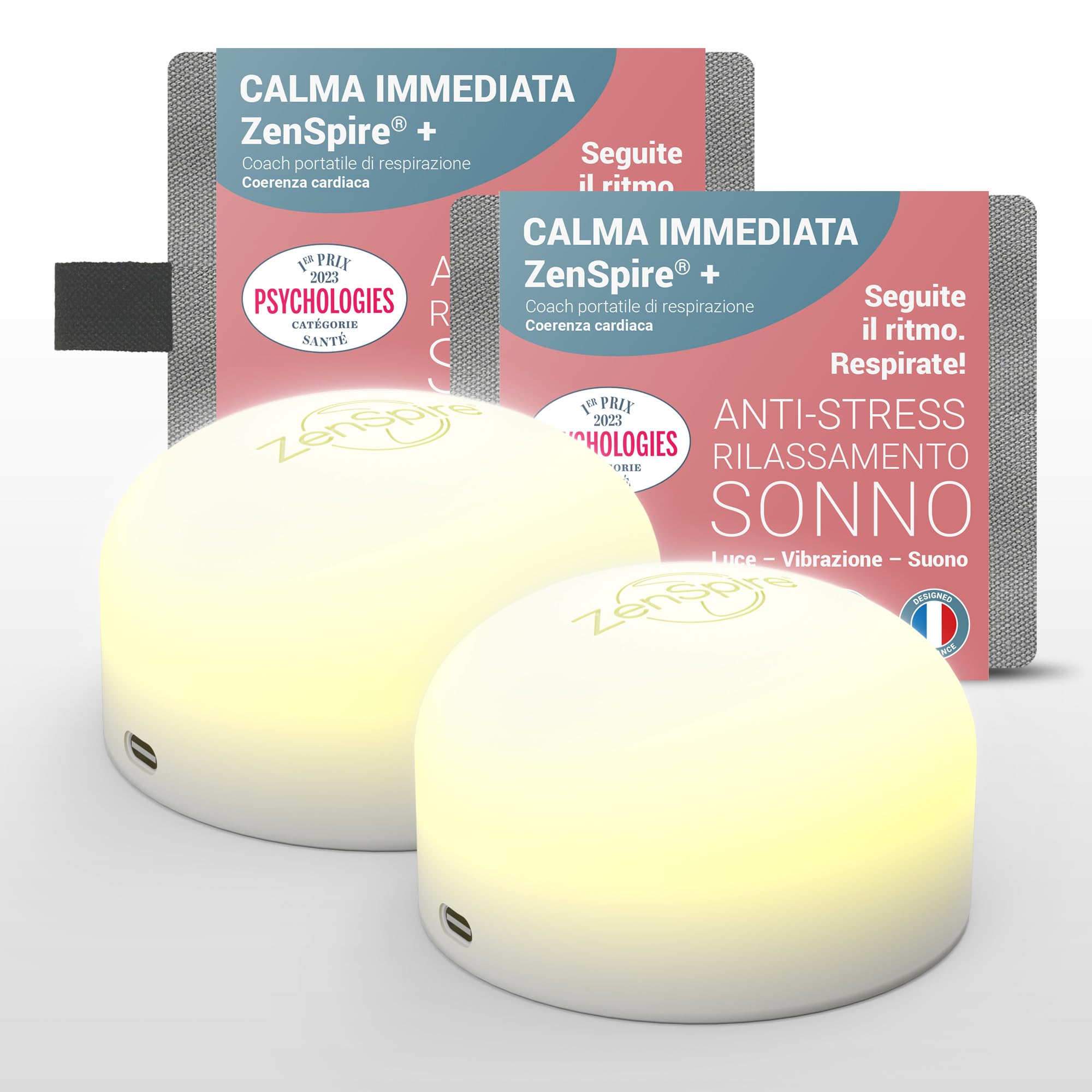 Zenspire+ Dispositivo Anti-Stress per Sonno e Relax | Coerenza Cardiaca e Meditazione | Aiuto Naturale contro Ansia e Stress | Luce Zen, Suono Bianco e Vibrazione (Pack 2)
