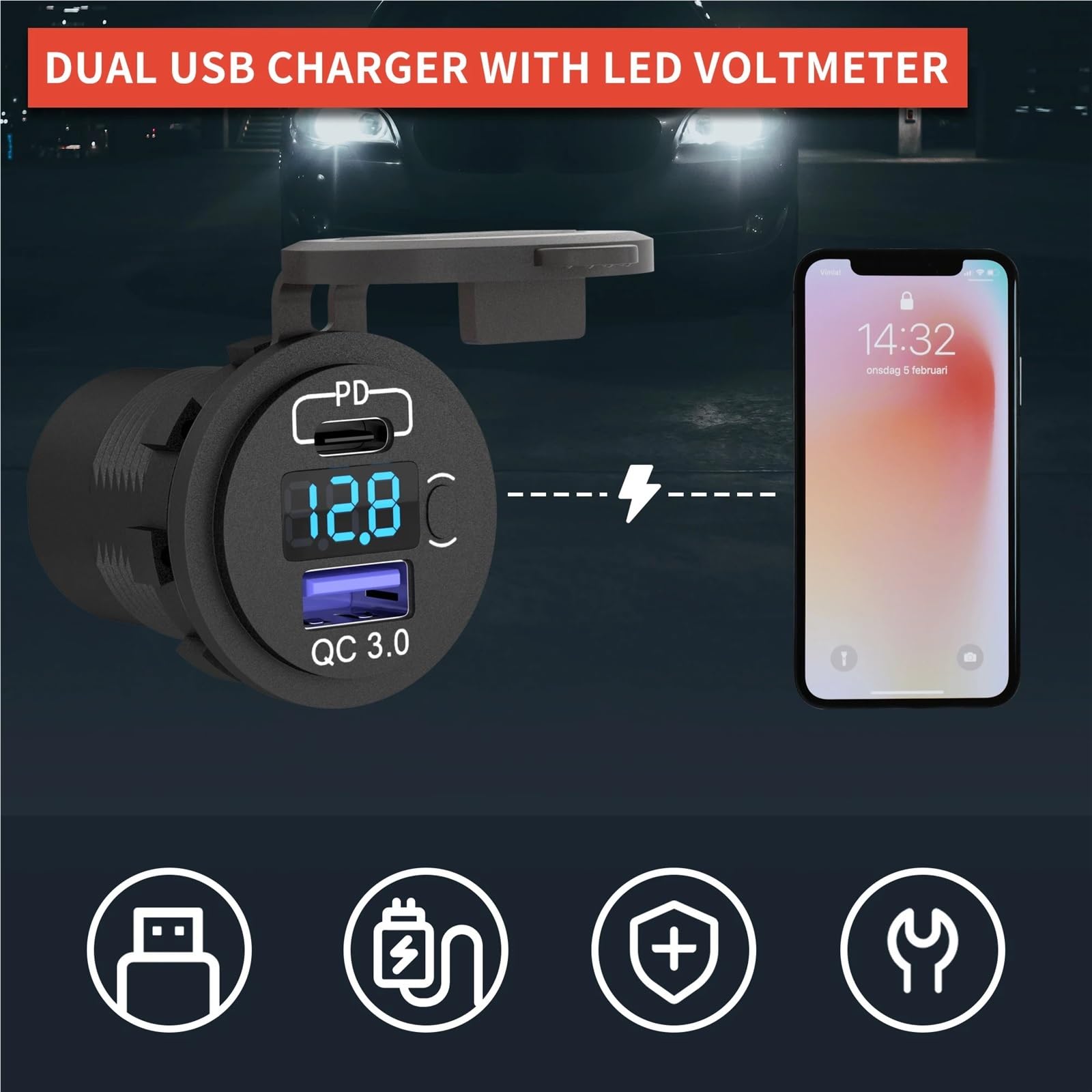 Interruptores marinos, Caja de interruptor basculante de 6 unidades, impermeable, 12 V, SPST, encendido/apagado, panel de interruptores de luz LED con doble salida USB PD3.0 y puerto USB QC3.0 for aut