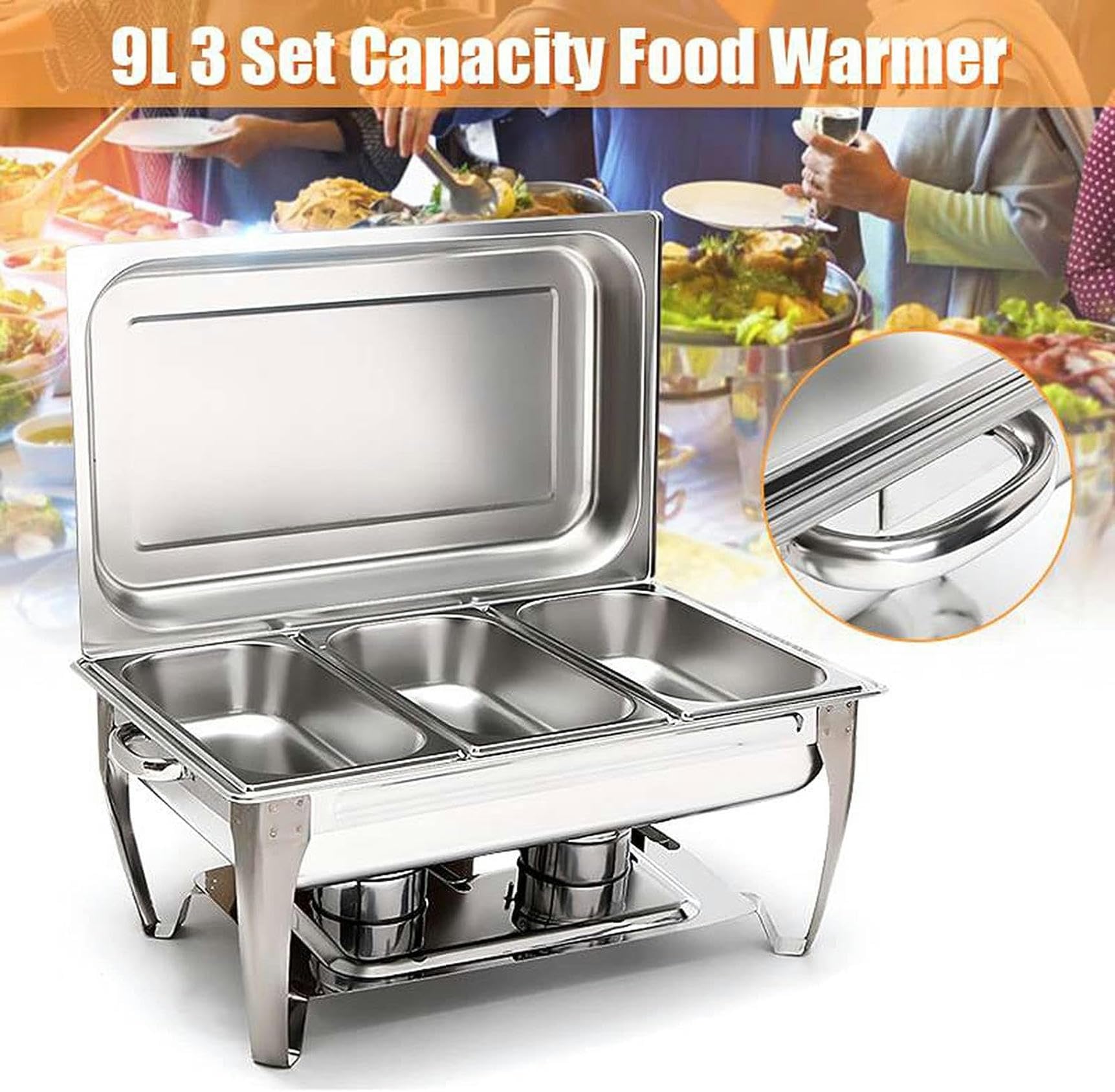 Chafing Dish in acciaio inox da 9 litri, set di contenitori scaldavivande per buffet con 3 contenitori per alimenti da 1/3 di dimensione e porta combustibile, per matrimoni, feste, banchetti, eventi d