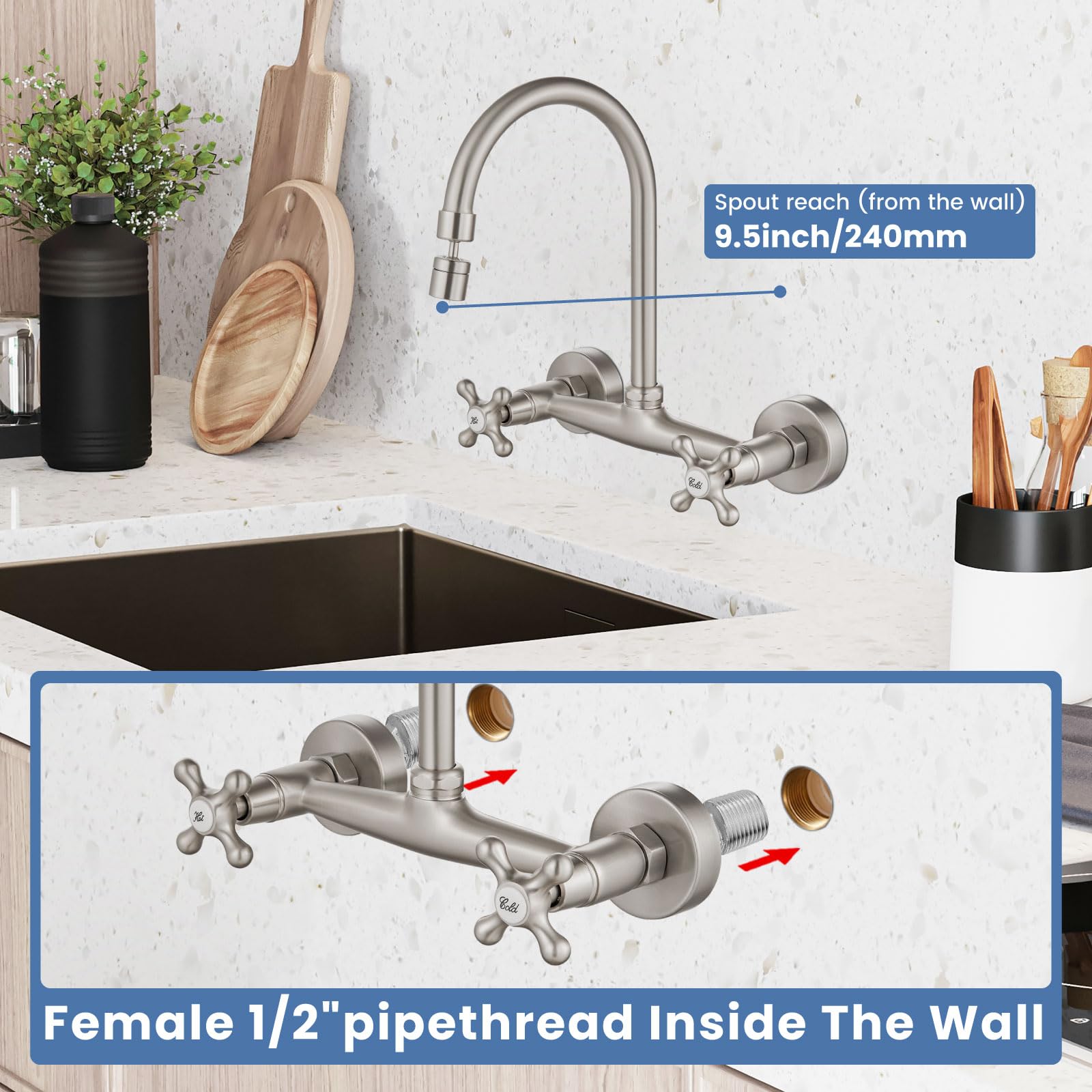 Airuida níquel cepillado montaje en pared grifo del fregadero 8 pulgadas centro doble cruz manijas 360 grados giratorio caño cocina mezclador comercial