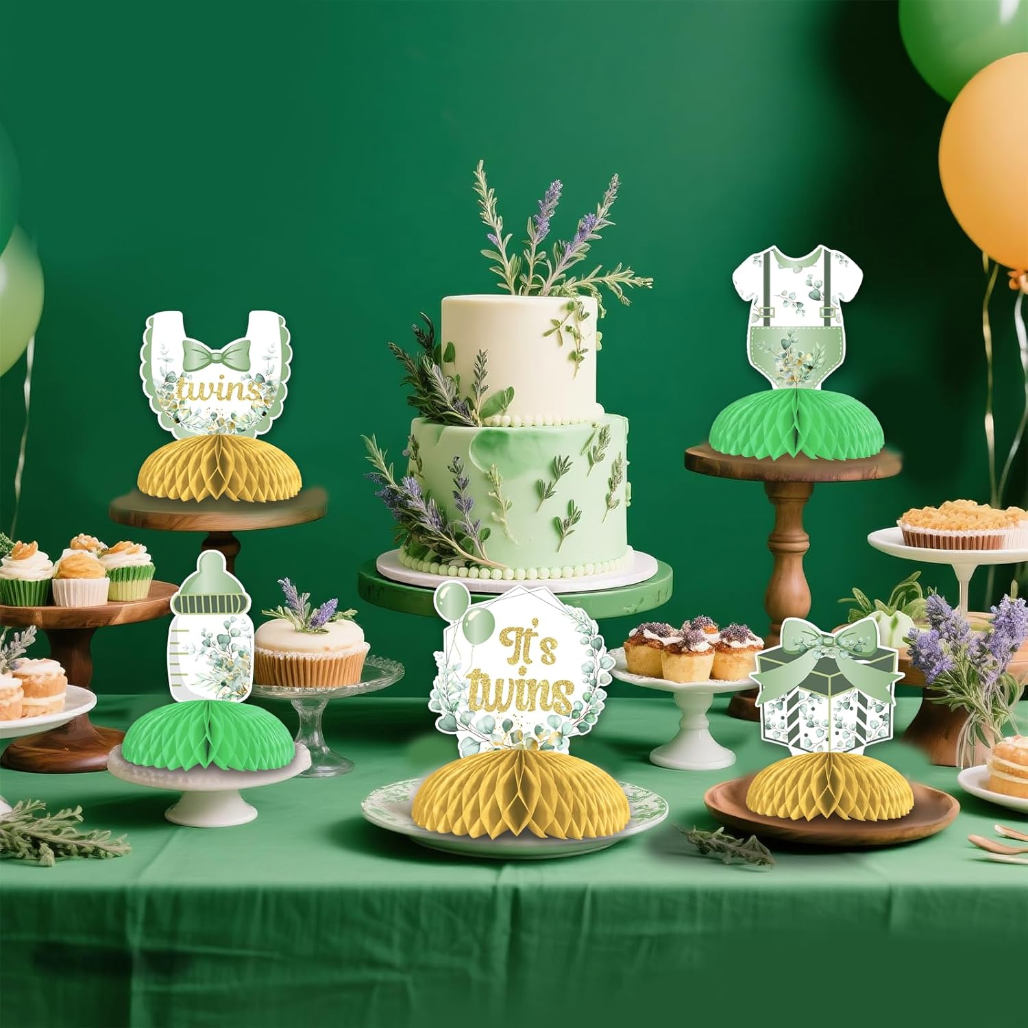 JOYMEMO 8Pcs Greenery Twins Baby Shower Honeycomb Centerpieces, Sage Green Double-Sided Table Toppers Decorations, Gender Reveal Welcome Twins Pregnancy Announcement Party Supplies