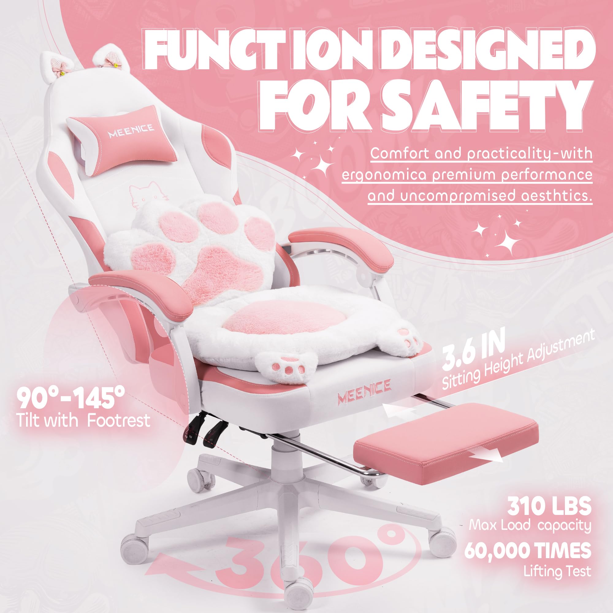 MEENICE Pink Gaming Chair Cute with Cat Ears Paw Lumbar and Cushion,Ergonomic Computer Chair with Footrest,Reclining PC Game Chair for Girl Computer Chair 300lbs for Adult: White&pink