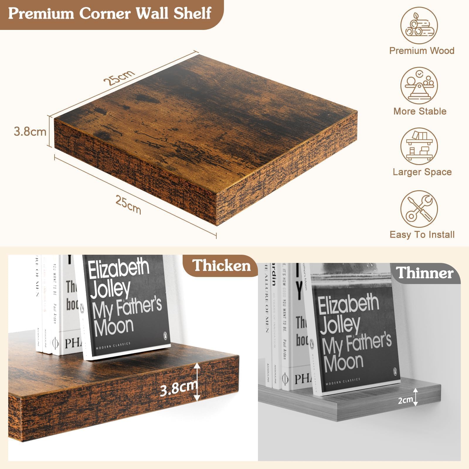 4er-Set Eck Wandregal, Braun Regalbrett Holz(25x25x3.8CM)
