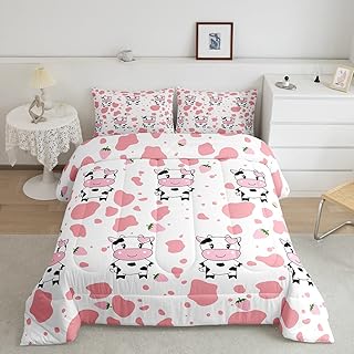 Erosebridal Cow Print Bedding Twin for Boys Kids Highland Cow Print Comforter Set Kawaii Pink Strawberry Decor Duvet Insert for Girls Teens Kawaii Room Decor Quilted Duvet with 1 Pillowcase