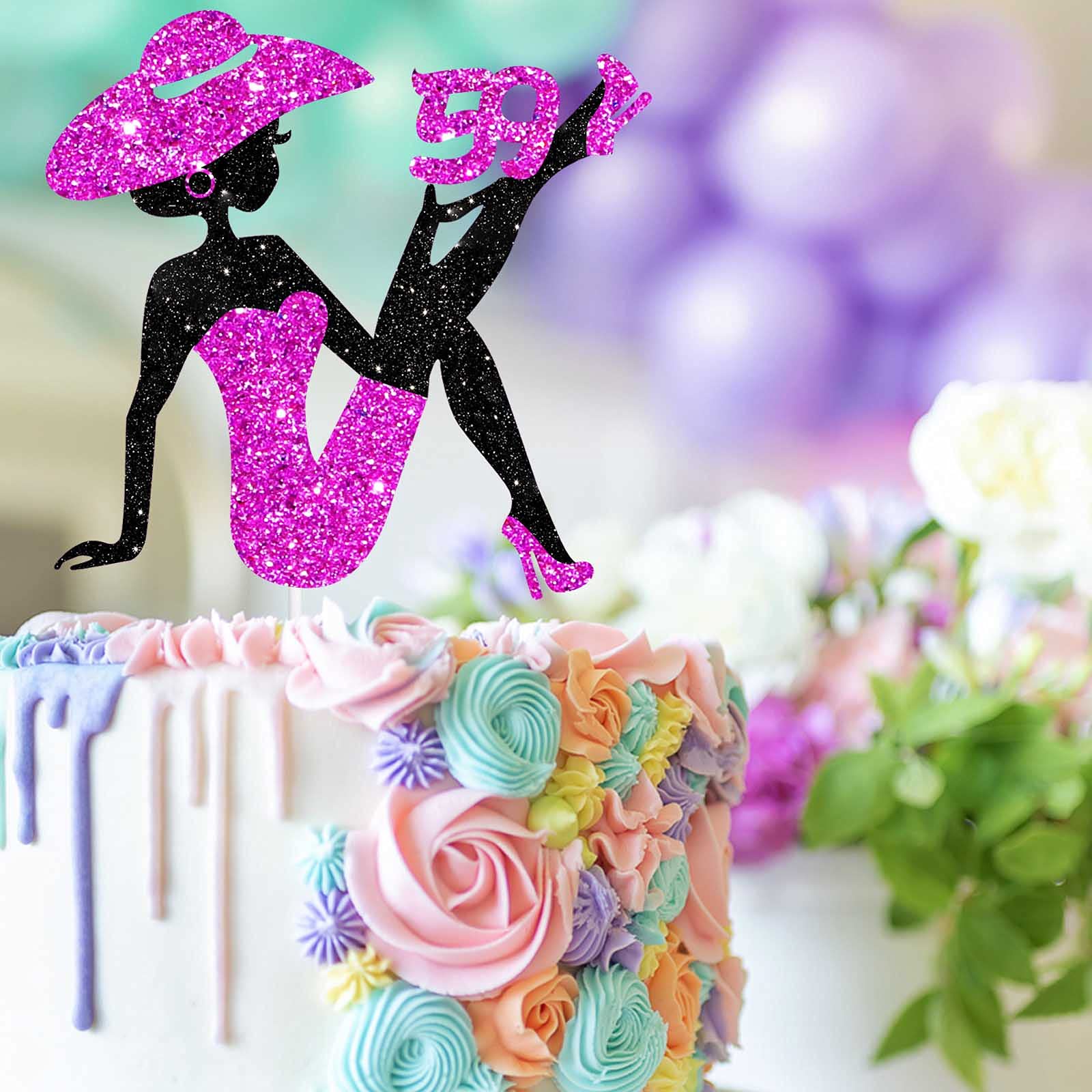 59th Birthday Cake Topper - Sitting Girl Silhouette With High Heels & Glitter (Purple, 6.1x5.9 Inch)