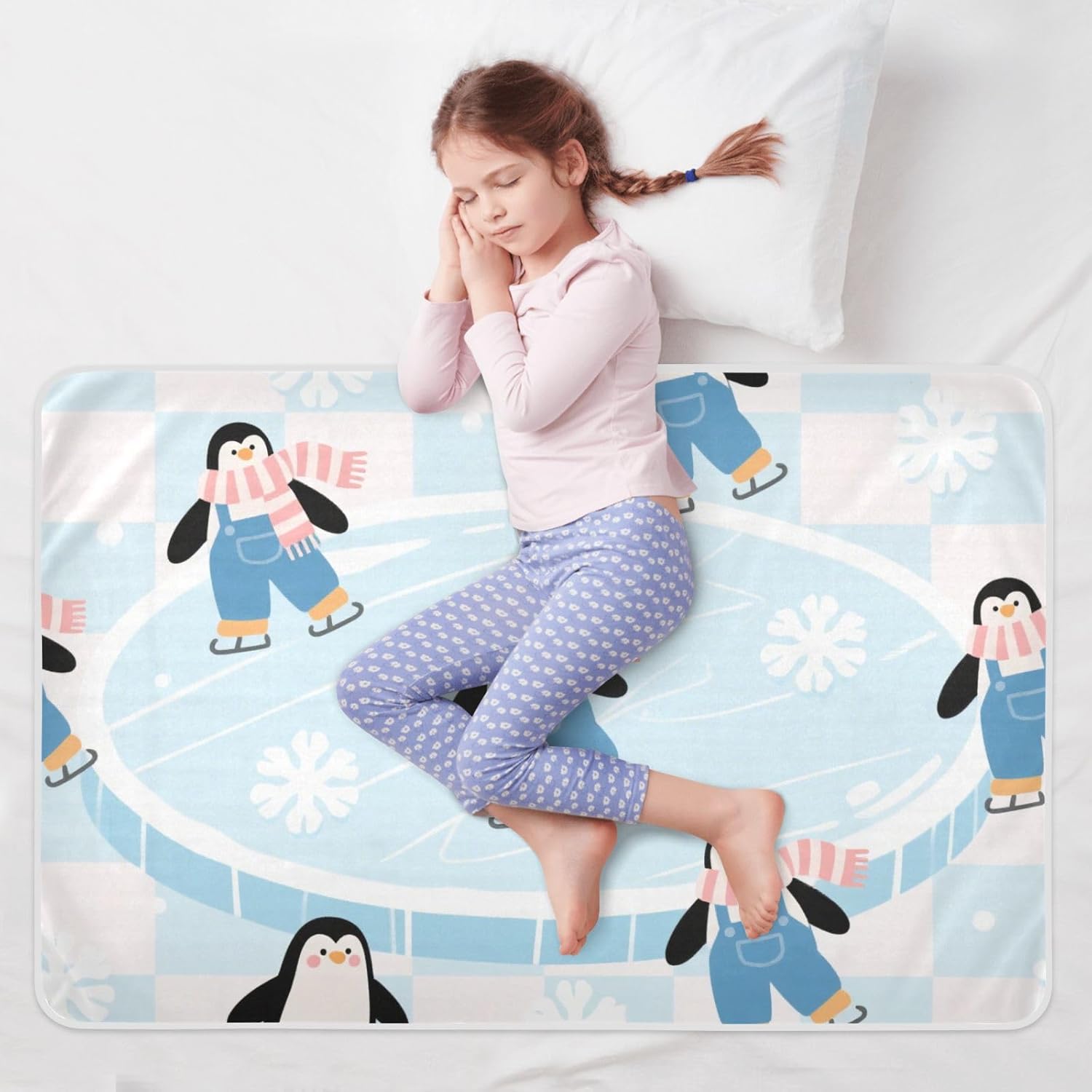 Cartoon Penguin Cute Blue Extra Large Resuable Toddler Mattress Pads Waterproof Washable Flat Crib Pads Cute Cool Pee Mats for Baby Boys Girls , 52" L x 34" W