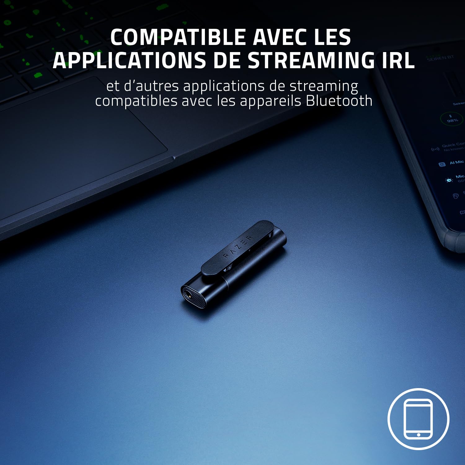 Razer Seiren BT - Microphone Bluetooth portable (Micro Omnidirectionnel, Annulation de Bruit Ultraperformante et Personnalisable, Bonettes coupe-vent, Pour le Vlog, Compatible avec le Streaming)
