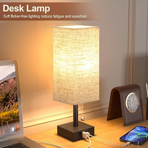 Miniatura 7 de Lámpara de noche beige con puertos USB, lámpara de dormitorio con cadena de tracción para mesita de noche, lámpara de mesa pequeña con USB C + un