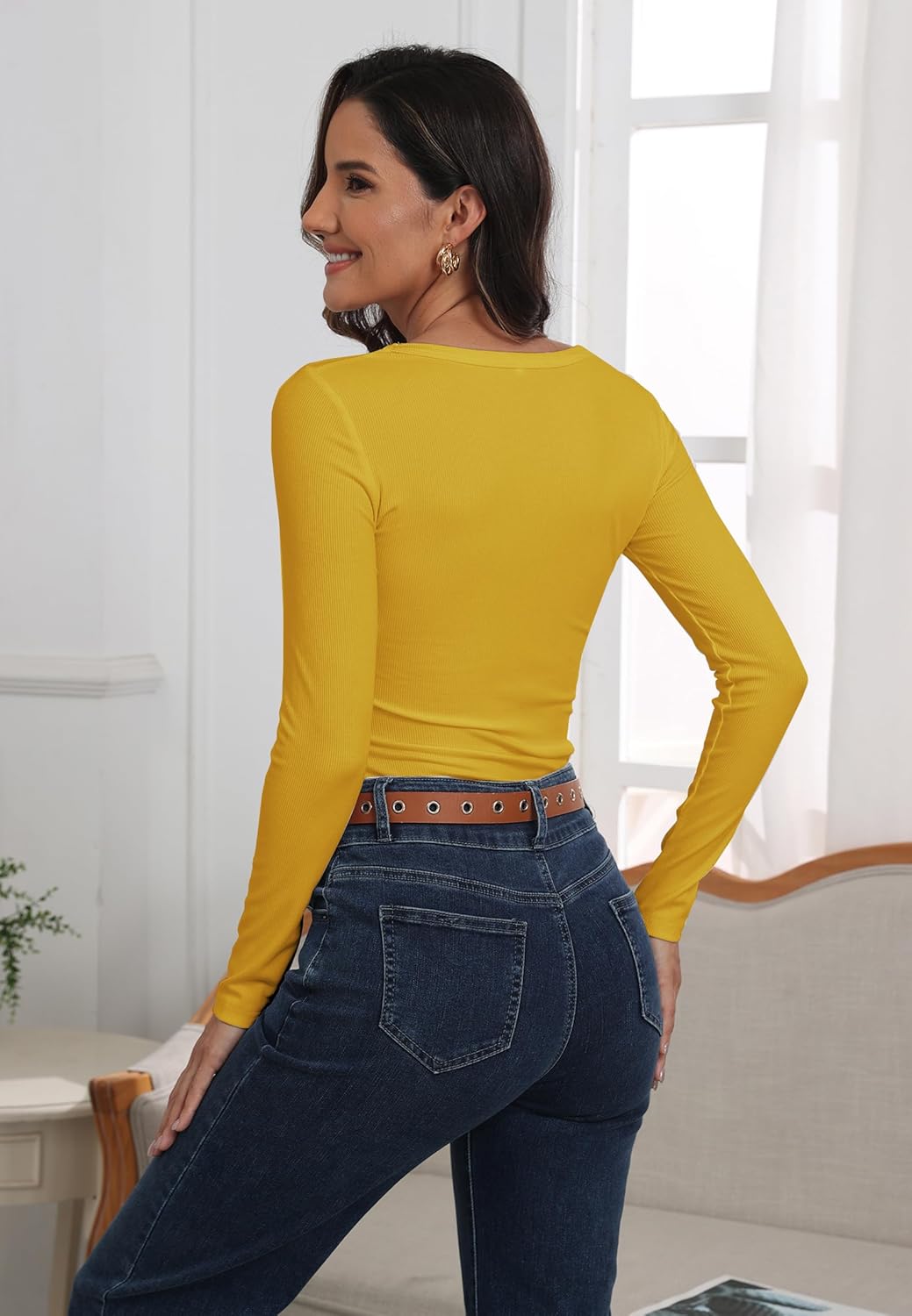 Roselux Womens Long Sleeve Scoop Neck Ribbed Knit Fitted Casual Tops Tee Slim Basic Shirts - Image 4