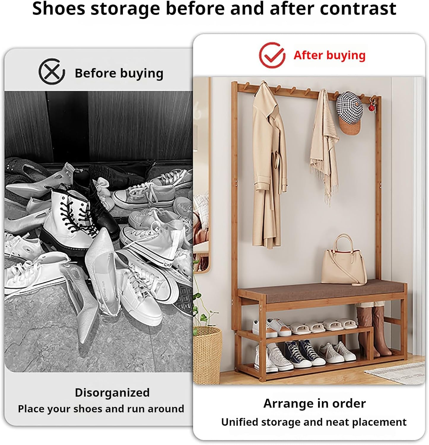 3-in-1 Bamboo Hall Tree with Bench and Shoe Rack, Narrow Wooden Coat Rack with Hooks & Double Storage Shelf, Entryway Storage nizer, Brown, Perfect for Hallway