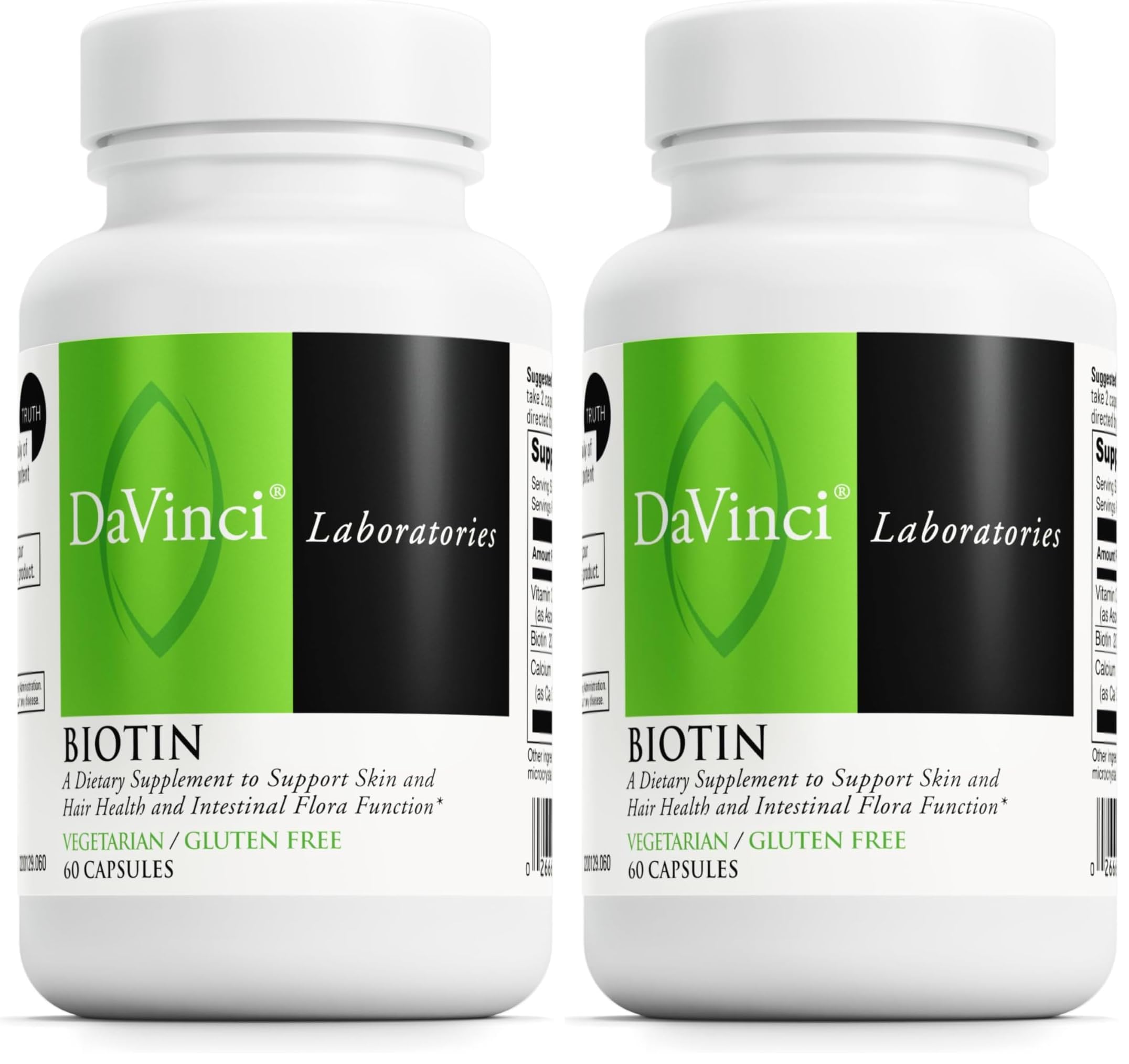 DAVINCI Labs Biotin - Supports Skin & Hair Health, Intestinal Flora Function* - Dietary Supplement with Vitamin C & Calcium as Ca Carbonate - Vegetarian - Gluten-Free - 60 Capsules (Pack of 2) 60 Count (Pack of 2)