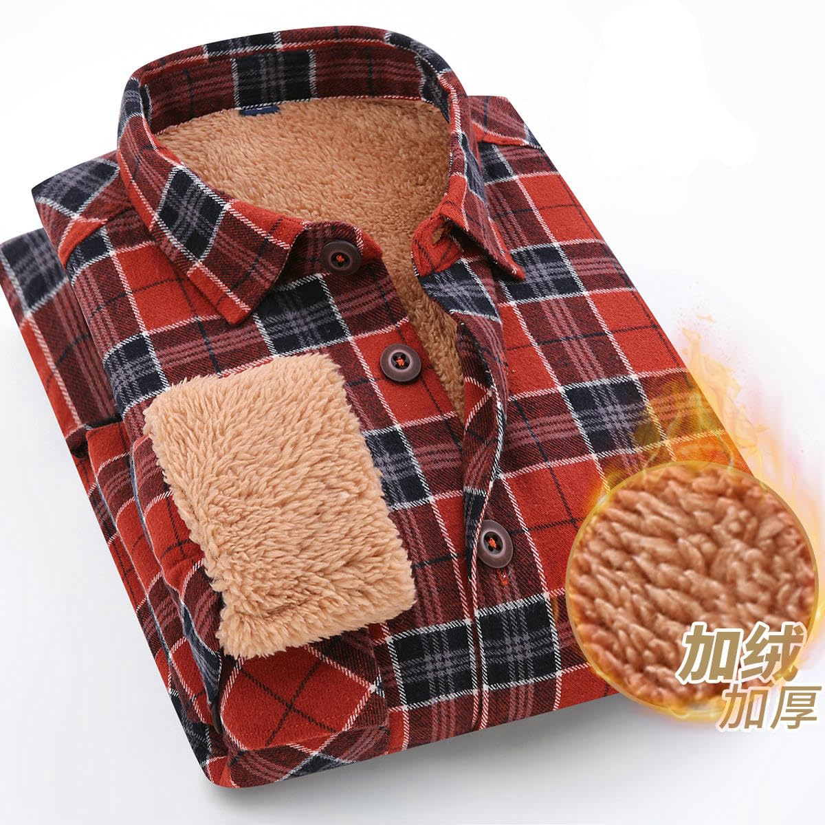 Camicia da uomo in flanella, foderata in pile, a maniche lunghe, con bottoni, per l'inverno, per il tempo libero