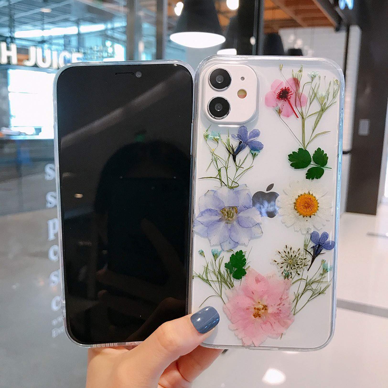 Tybiky custodia protettiva per iPhone 11 decorata con veri fiori secchi design sottile struttura in TPU cover compatibile con iPhone 11 fiori di colore rosa disposti nella parte inferiore e superiore