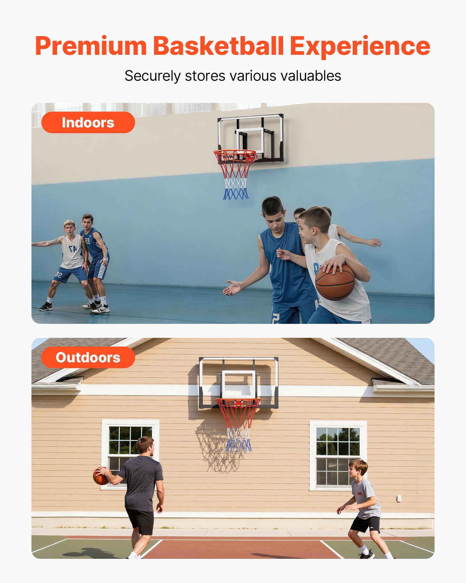 VEVOR Canestro Basket Esterno Interno con Tabellone in PC da 1117,6 mm e Tabellone con Spessore di 2 mm, Rete in Nylon Intrecciato Spesso, Canestro da Basket Peso di 10 kg Professionale e Divertente