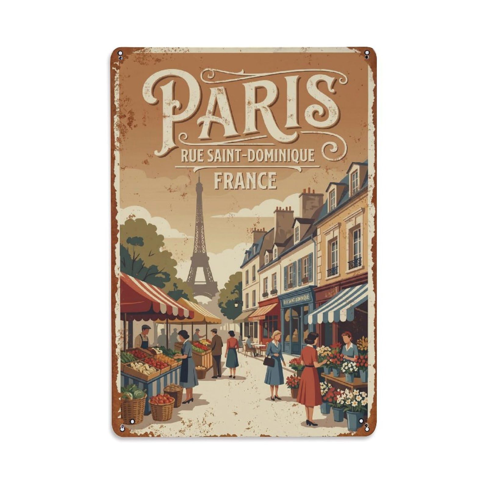 Vintage Travel Paris Rue Saint-Dominique Market Street Rusted France Metal Tin Sign Plaque Wall Decor for Cafe, Club Bar, Office, Home Garden Metal Poster 8x12Inch