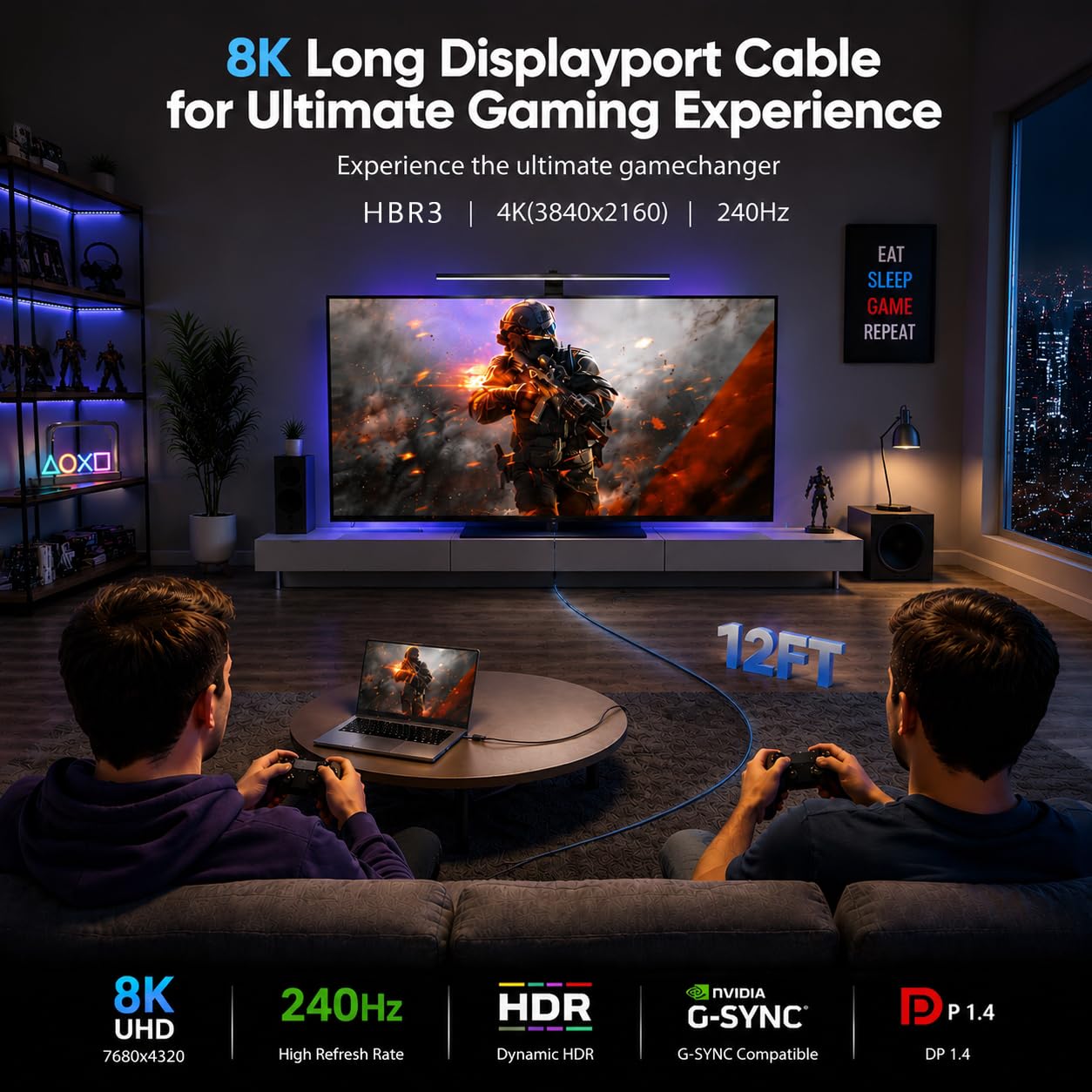 8K DisplayPort-Kabel 1.4, DisplayPort-Kabel 3,7 m, 8K@60Hz, 4K@144Hz, 2K@240Hz, 32,4Gbps High-Speed DP zu DP Kabel für Gaming Monitor, Grafikkarte, PC, Laptop RTX 4080/4090, RX 6800/6900