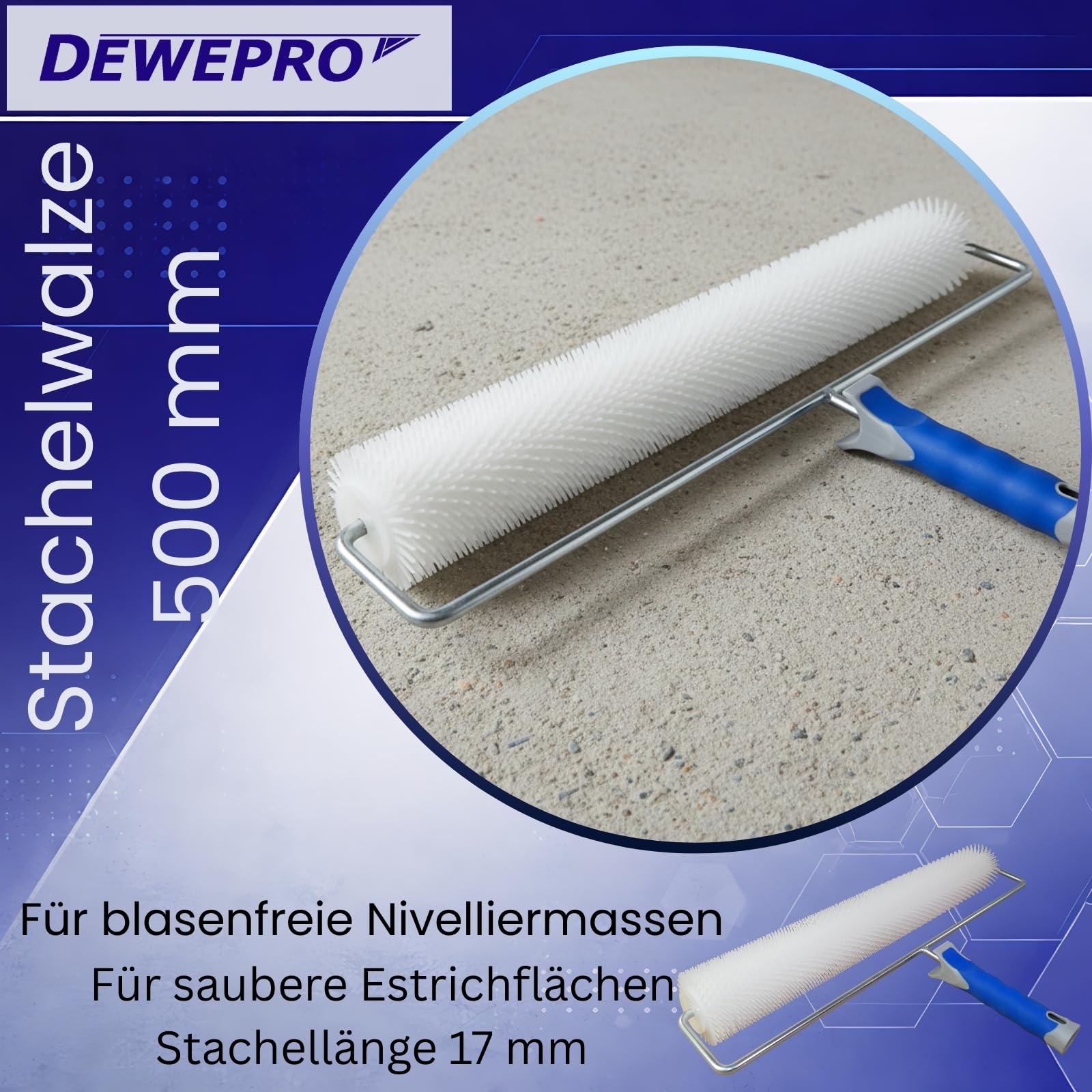 DEWEPRO® Entlüftungsroller Stachelwalze ø75mm x 500mm Breite - Handstachelwalze mit 17mm Stachellänge - Entlüfterrolle, Entlüftungswalze - Igelwalze in Profi-Qualität