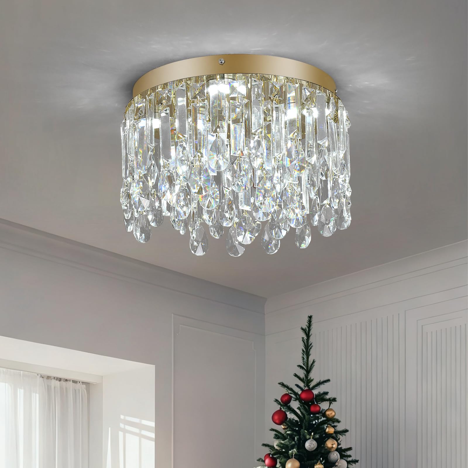 Deckrico 30cm Gold Crystal Flush Mount Ceiling Light Fixture, Modern Close to Ceiling Chandelier with Tri-Color LED Lighting for Bedroom Hallway Dining Room