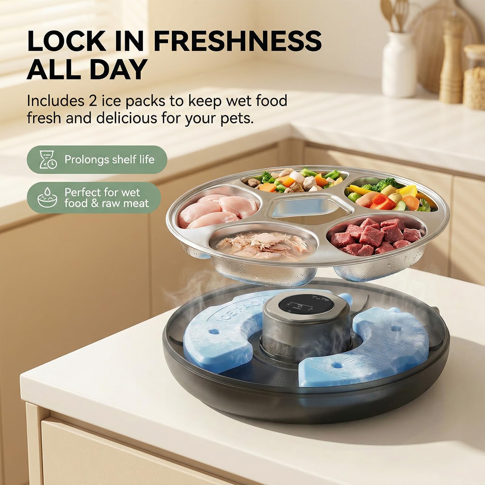 Ownpets Automatic Cat Feeder for Wet and Dry Food, with 2 Ice Packs, 6 Meals Programmable Timed Pet Feeder, Cordless Rechargeable Auto Feeder for Cats/Small Dogs, Black - image 2