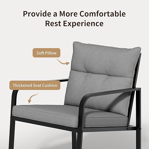 Miniatura 5 de Gizoon Juego de 3 piezas de muebles de patio de acero negro, juego de conversación de sillas de porche con mesa de café de cristal, cojín de