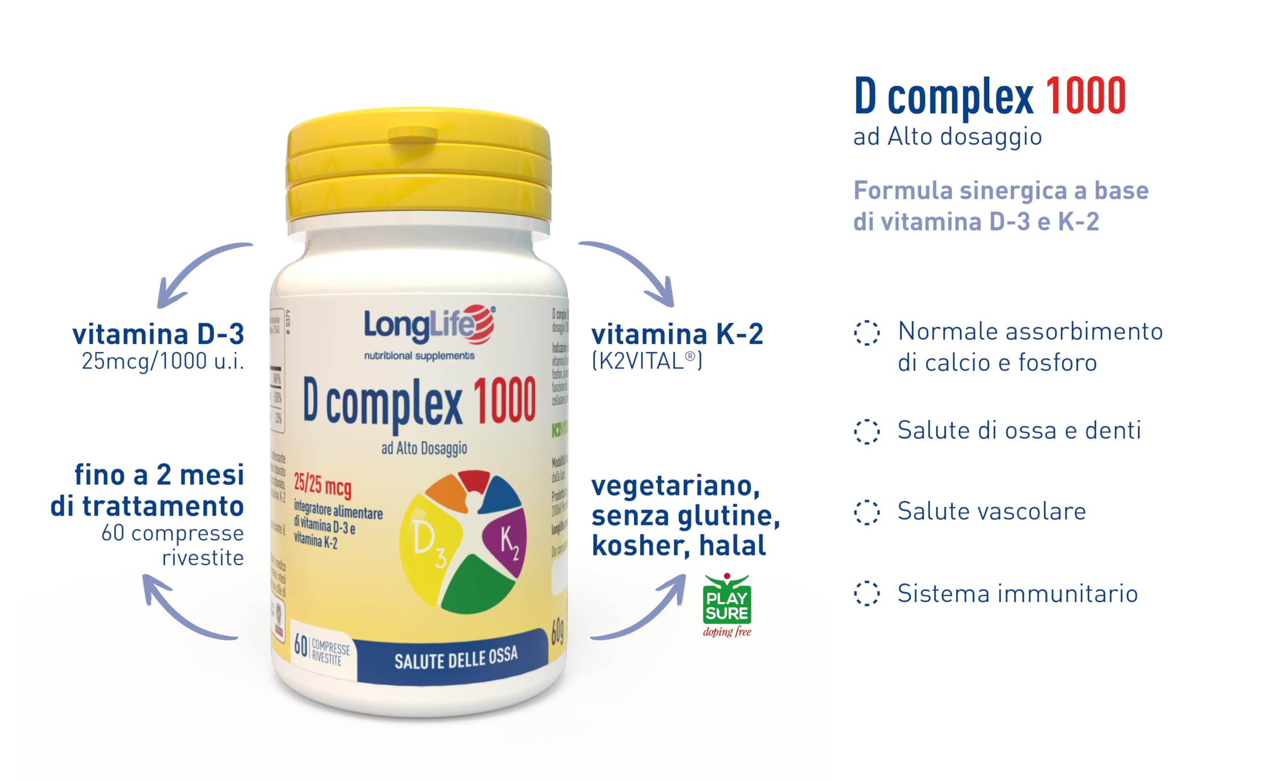 LongLife® D complex 1000 | Integratore vitamina D3 e vitamina K2 naturale | Alto dosaggio | Benessere delle ossa | Difese immunitarie | Fino a 2 mesi di trattamento | Senza glutine e doping free