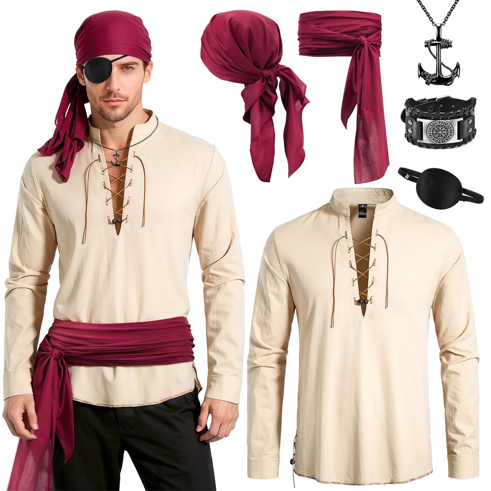 Dazzroi 6Pcs Men Pirate Costume Accessories Kit – Medieval Shirt, Bandana, Belt, Eye Patch, Bracelet & Anchor Necklace for Cosplay Parties Dress Up Day (XXL)