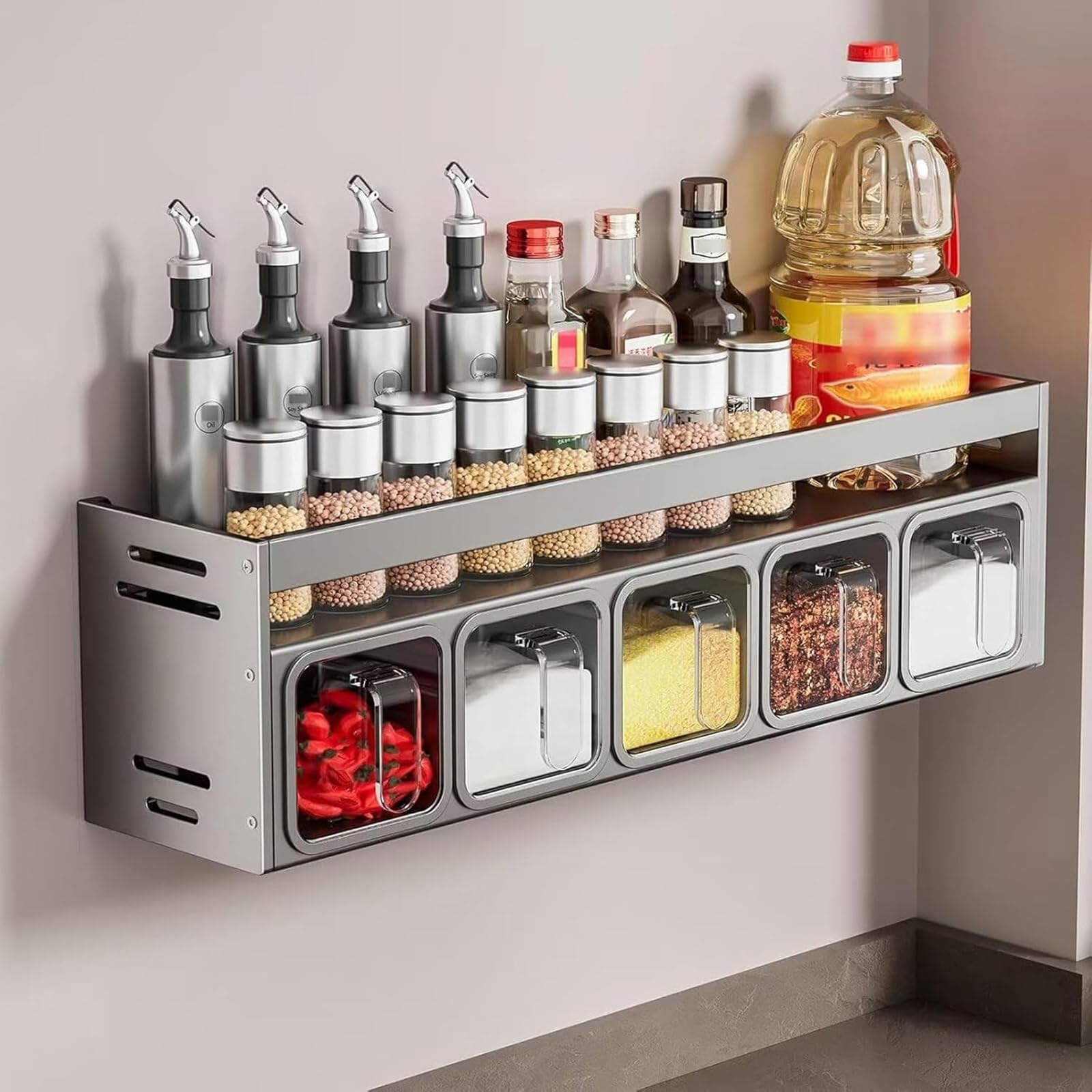 WDSOPK Wall Mounted Spice Rack with 5 Containers Kitchen Spice nizer Pantry Storage Solution Versatile Spice Shelf for Home & Wardrobe nization