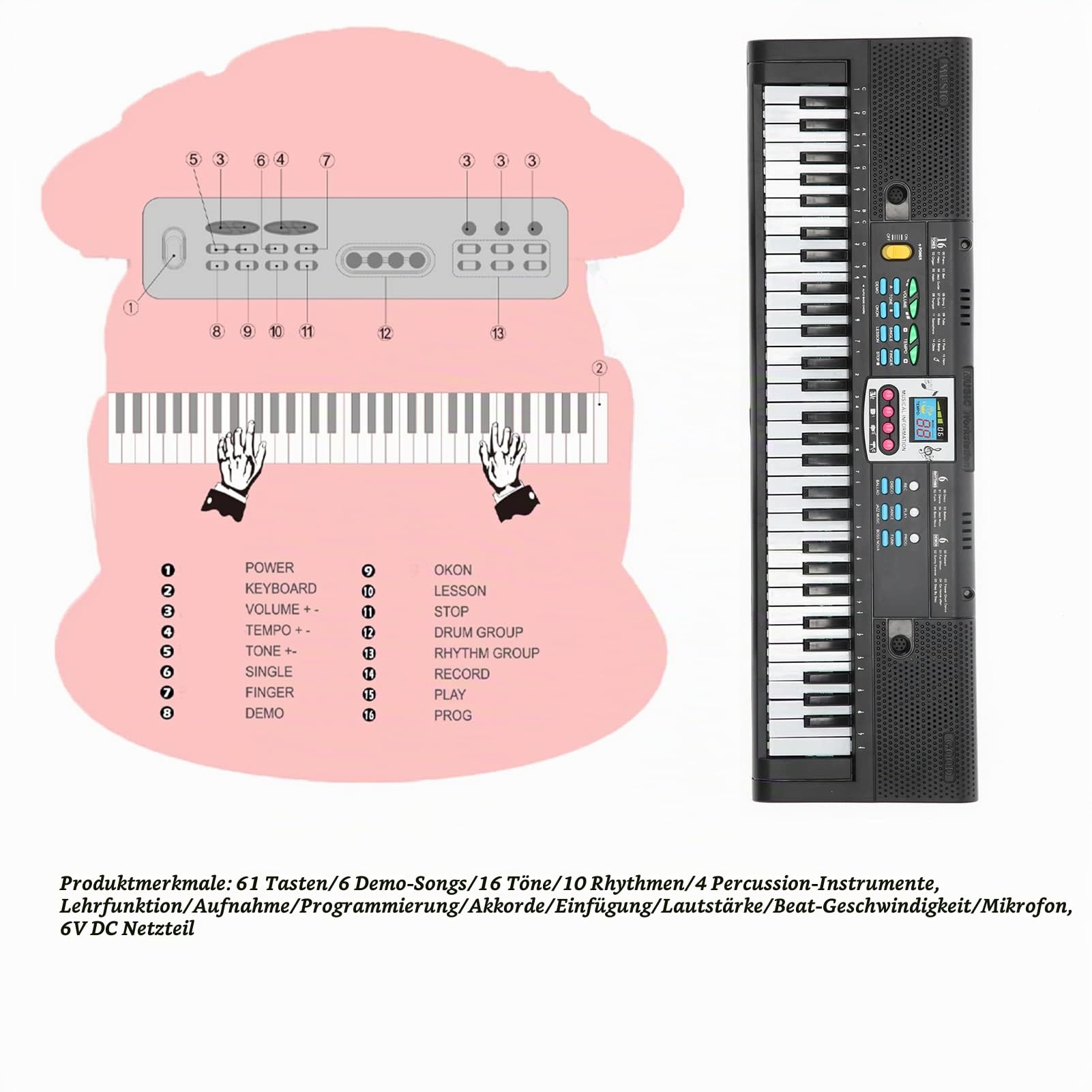 61 Tasten Mini Elektronisches Keyboard Schwarz | Tragbares Kinder Klavier Mit Mikrofon, 16 Klangfarben 6 Rhythmen Lernfunktion Aufnahme USB Stromversorgung Für Anfänger