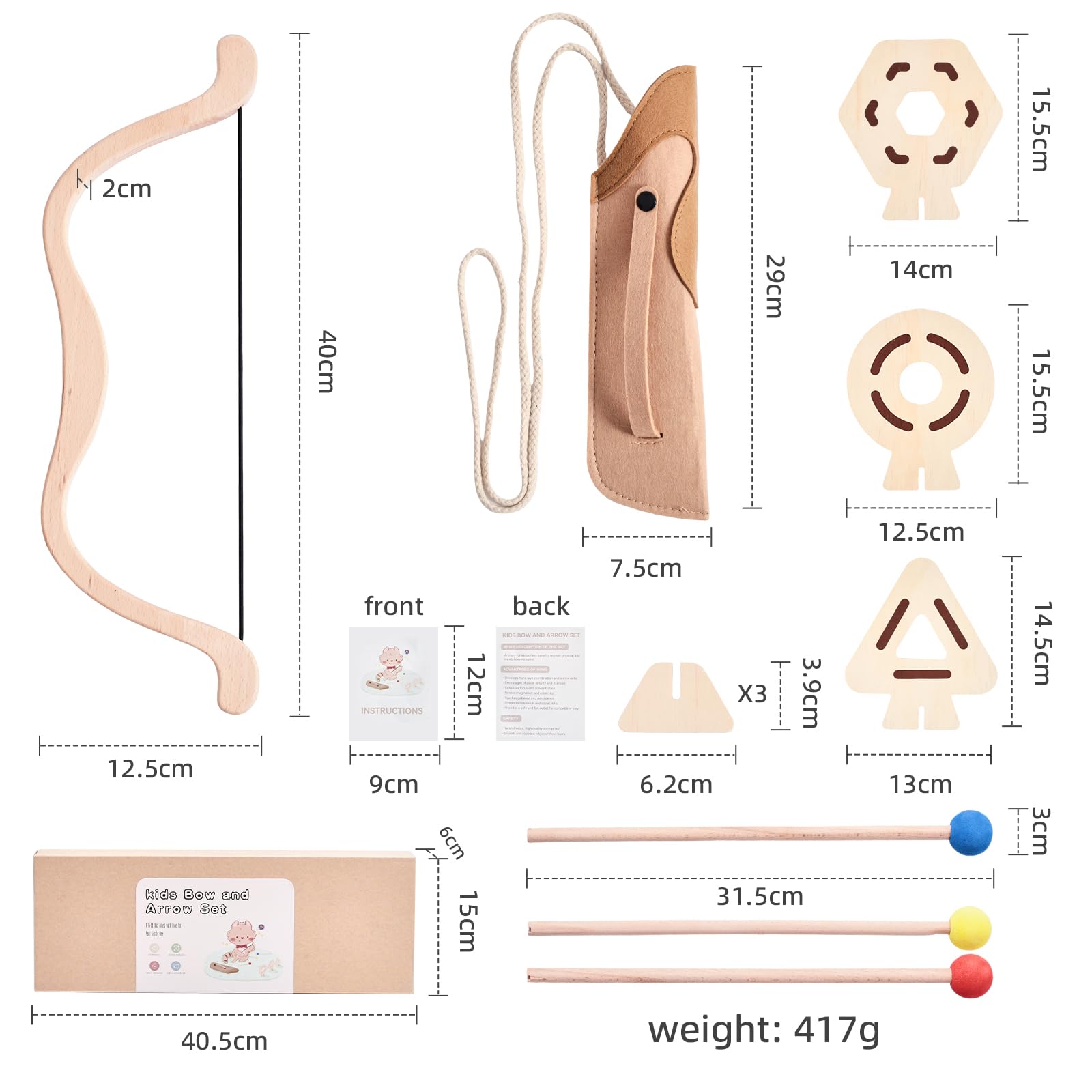 Set di Arco e Frecce per Bambini in Legno con 1 Arco in Faggio 3 Frecce 3 Bersagli