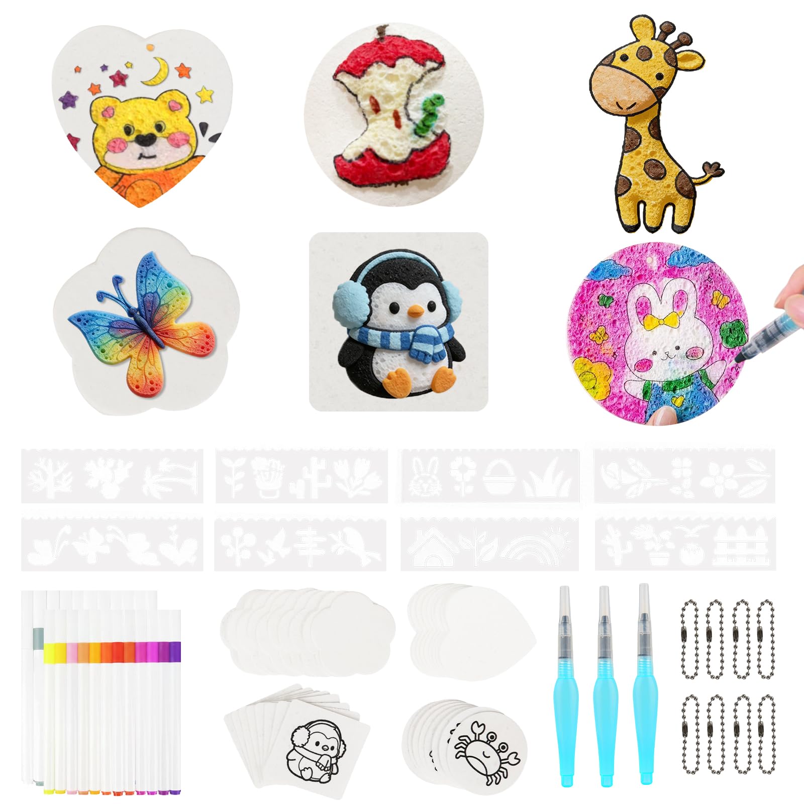 97 Pcs Magic Foam Texture Painting Kit, Magic Puffy Paint Kit with 38 Foam Texture Paper, 24 Acrylic Markers, 3 Water Brushes, 32 Ball Bead Chain 3D Effect Texture Painting Set for Gifts