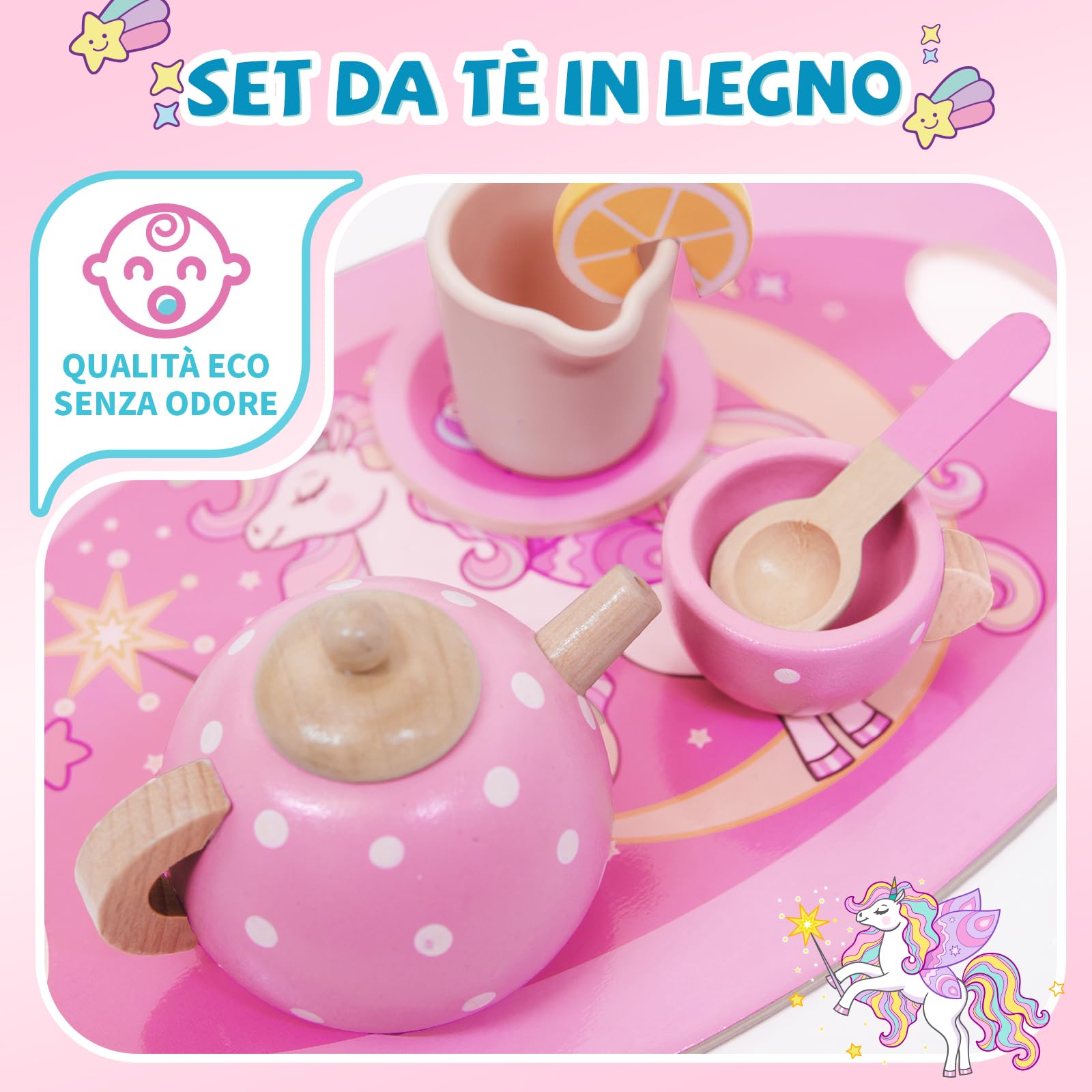 Unicorno Set da Tè Giochi in Legno, Accessori Cucina Bambini Legno, Gioco Ruolo Tea Party Montessori Educativo, Unicorno Bambina Regalo 2 3 4 5 6 Anni, Giocattoli Giochi Bambina Bimba 2 3 4 5 6 Anni