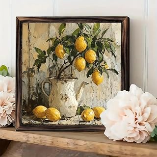 Rustic Vintage Framed Wall Art Sign-Lemons Pitcher Still Life Oil Texture Tabletop Decor 8x8 Inch- Gifts for Farmhouse, Cafes, Stores, Room, Bathroom, Home & Office