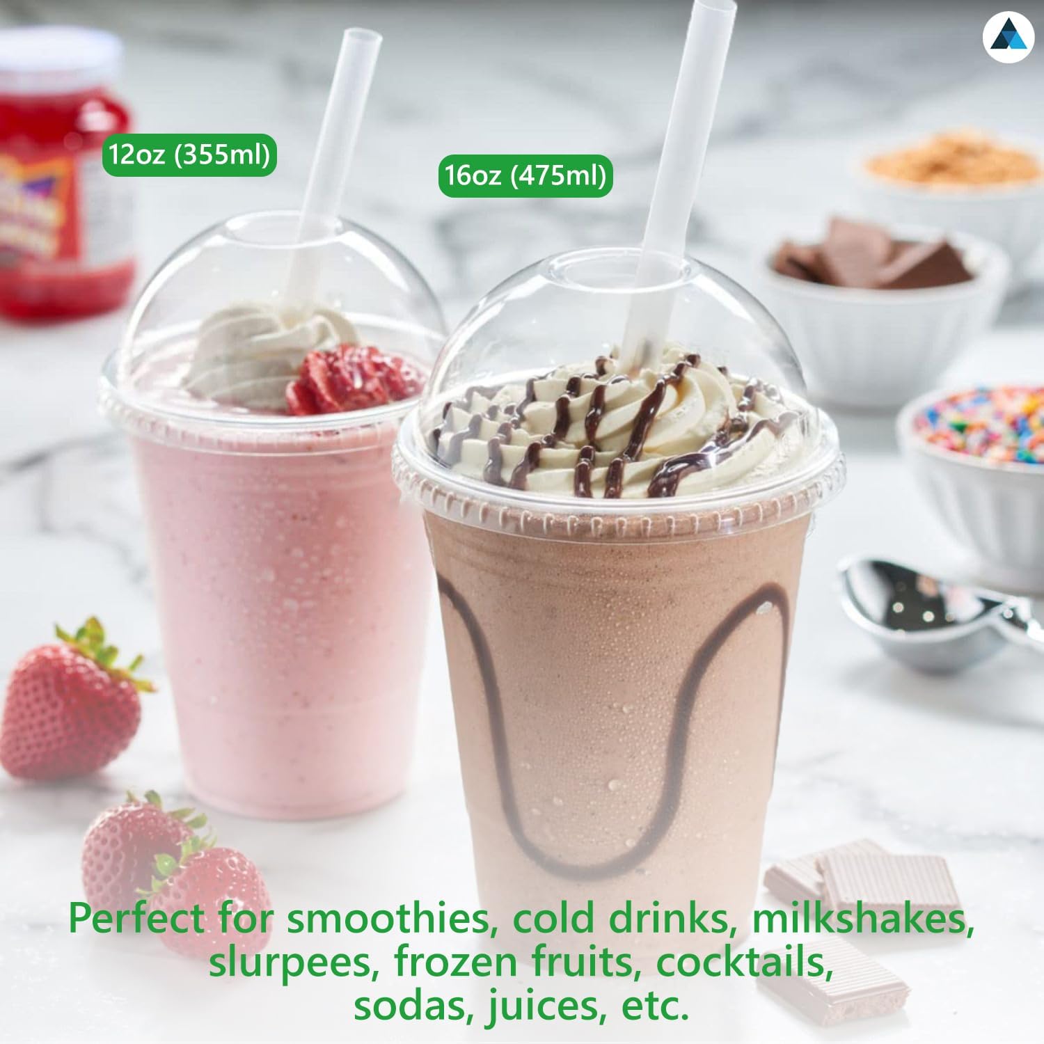 Strong Smoothie Cups with Dome Lids 12oz 50pcs for Smoothies, Milkshakes & Thick Drinks Recyclable and Reusable(345ml)