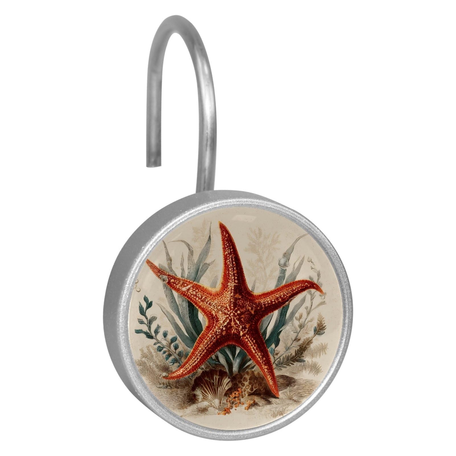 Set of 12 Stainless Steel Shower Curtain Hooks, Shower Rings for Bathroom, Rustproof Decorative Shower Hangers for Bedroom Living Room Shower Curtain Rod (Seagrass Starfish)