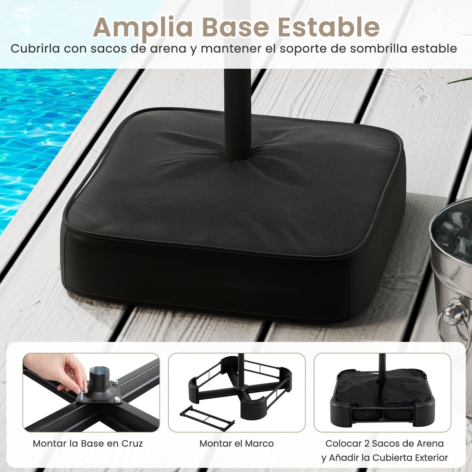 GOPLUS Sombrilla de Jardín con Base, Parasol Doble Plegable 4,6x2,8M con Techo de Protección Solar, 12 Varillas y Sistema de Manivela, Sombrilla Terraza Exterior Impermeable (Beige)