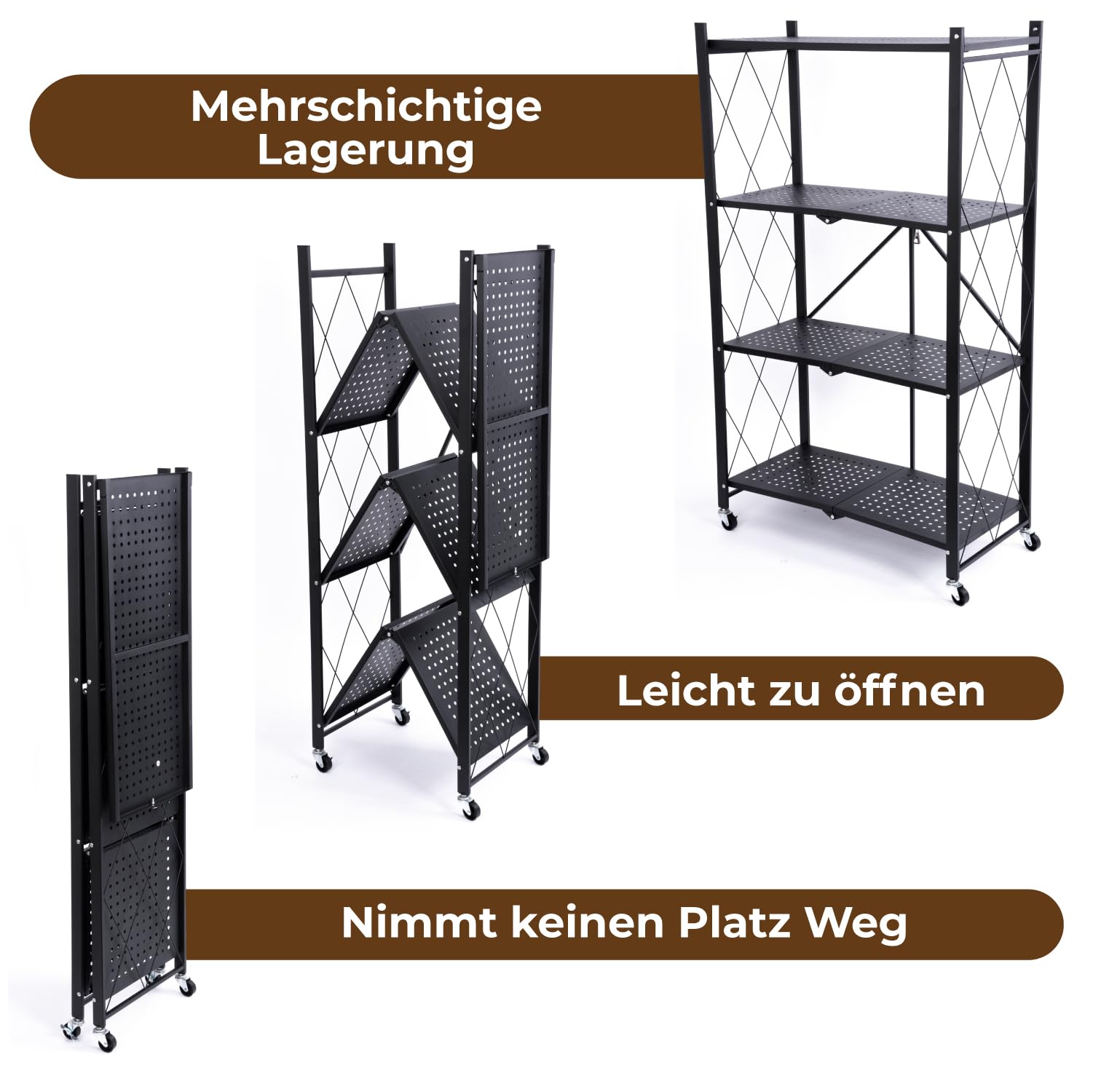 STREND PRO Klappbares Regal mit Rollen, 4 Etagen Faltbare Aufbewahrungswagen Einheit, Rädern 200 kg Tragfähigkeit, Lagerregal, Metallregal Schwarz, Klappregal für die Küche, Büro