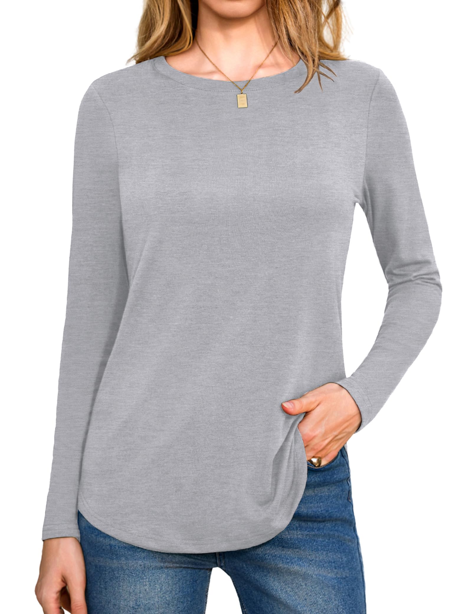 Aottori Langarmshirt Damen Rundhals Oberteile Langarm Shirt Elegant Lose Baumwolle Longshirt T-Shirt Pullover Einfarbig Basic Top Frühling Herbst