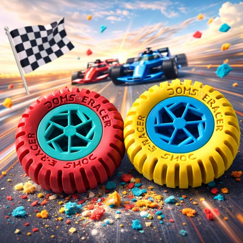 Wheel-Shaped ERacer Erasers for Kids – Fancy Tire Design Erasers for Boys, Girls & Students (Pack of 8, Multicolor)