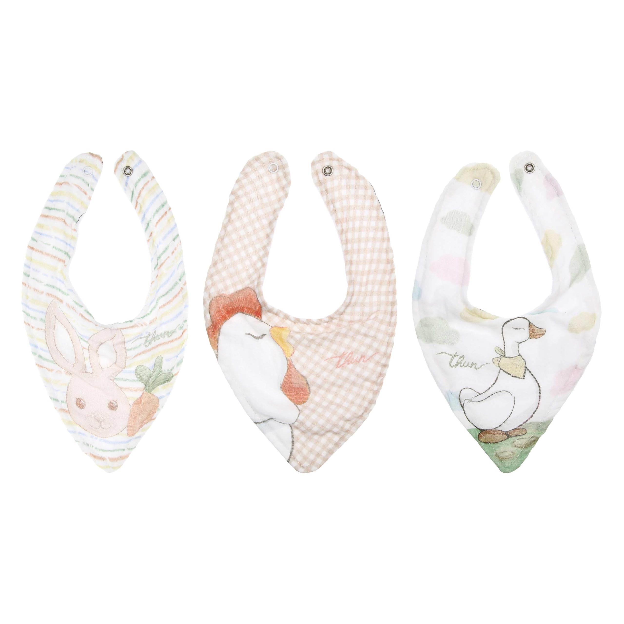 THUN - Set 3 bavaglini in cotone - 100% cotone, fodera 75% cotone, 25% poliestere - Collezione Baby Dolce Fattoria - 18 x 28 cm