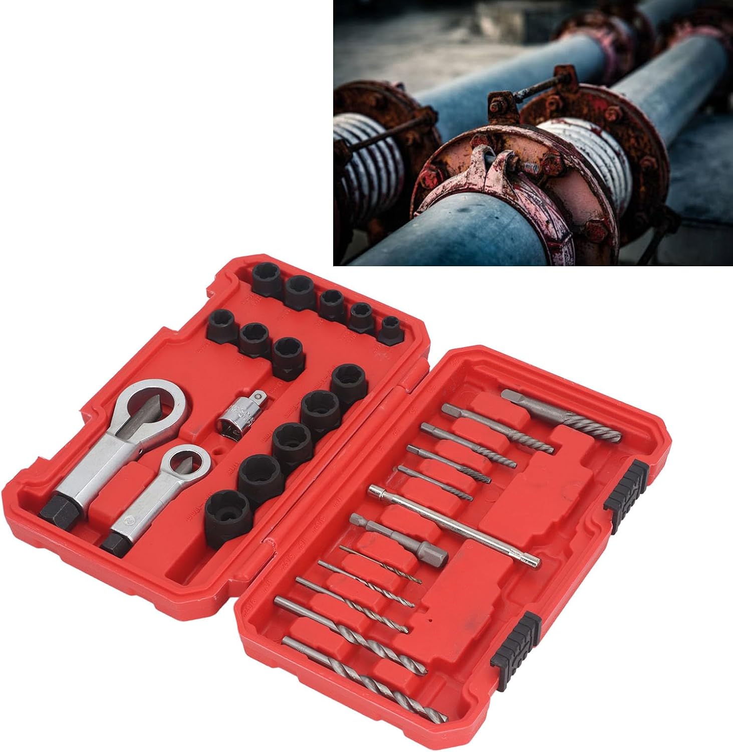28Pcs Dad S Extractor Set, Heavy Duty Broken S Tool Kit, proof Cr Molybdenum Steel with 5 Extractor Bits, 13 Rse Thread Sockets, 2 Nut Splitters for Repair Mainnce