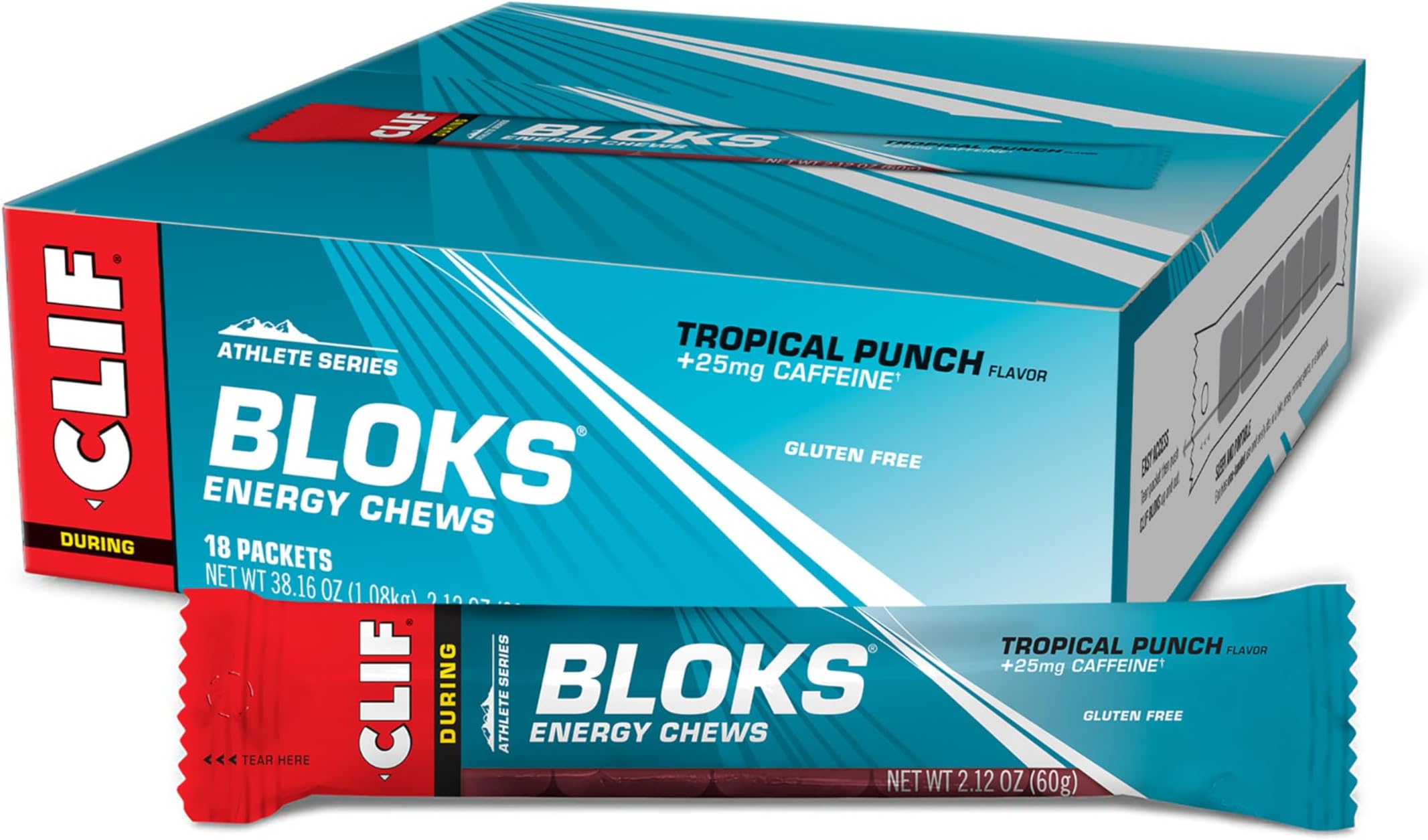 Clif Shot Bloks Electrolyte Chews Tropical Punch Flavour with 25 mg of Caffeine 60 g (Pack of 18)