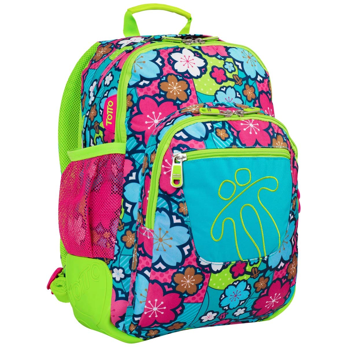 Totto - Zaino per la scuola, modello Crayoles, capacità 20 L, beauty case e borsa per scarpe removibili, tasca per bottiglia, schienale ergonomico con flusso d'aria, stampa fiori verdi