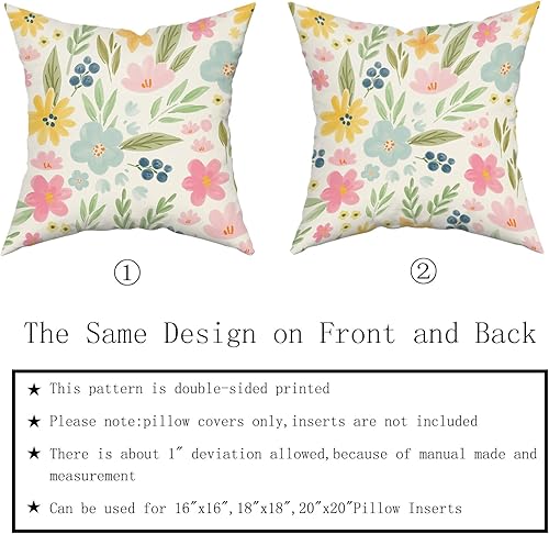Miniatura 5 de Sweetshow Juego de 2 fundas de almohada florales primaverales de 18 x 18 pulgadas, lindas fundas decorativas de acuarela amarilla, rosa y azul,