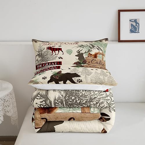 Miniatura 5 de Juego de ropa de cama de animales del bosque, juego de edredón de cabaña, tamaño Queen, oso salvaje, alce, ciervo, pinos, vida silvestre, rústico,