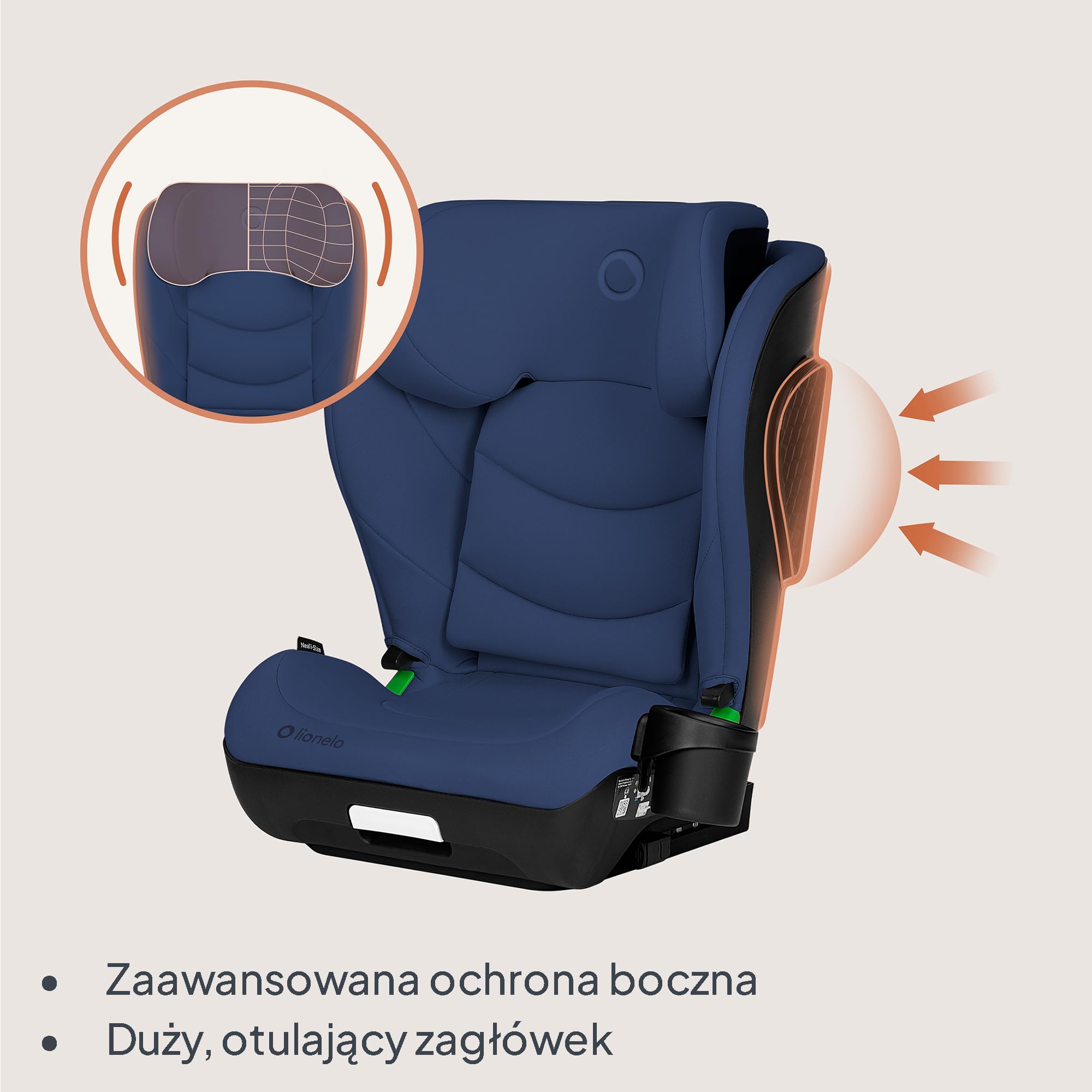 LIONELO NEAL I-SIZE Fotelik samochodowy dla dzieci, grupa 2 3, od 100 do 150 cm, ok. 3-12 lat, mocowanie ISOFIX lub bez uprzęży, regulowany zagłówek, ochraniacz boczny, podłokietnik, standardowy R129