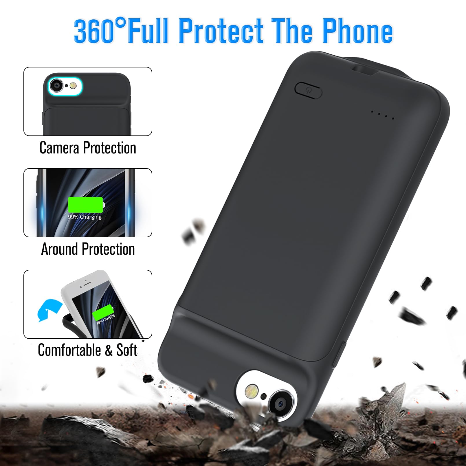 Etui na baterie do iPhone 6/6s/7/8/SE 2020/2022 [4,7''], 6000mAh ładowalna obudowa ładowarki Power Bank Backup Charger Case