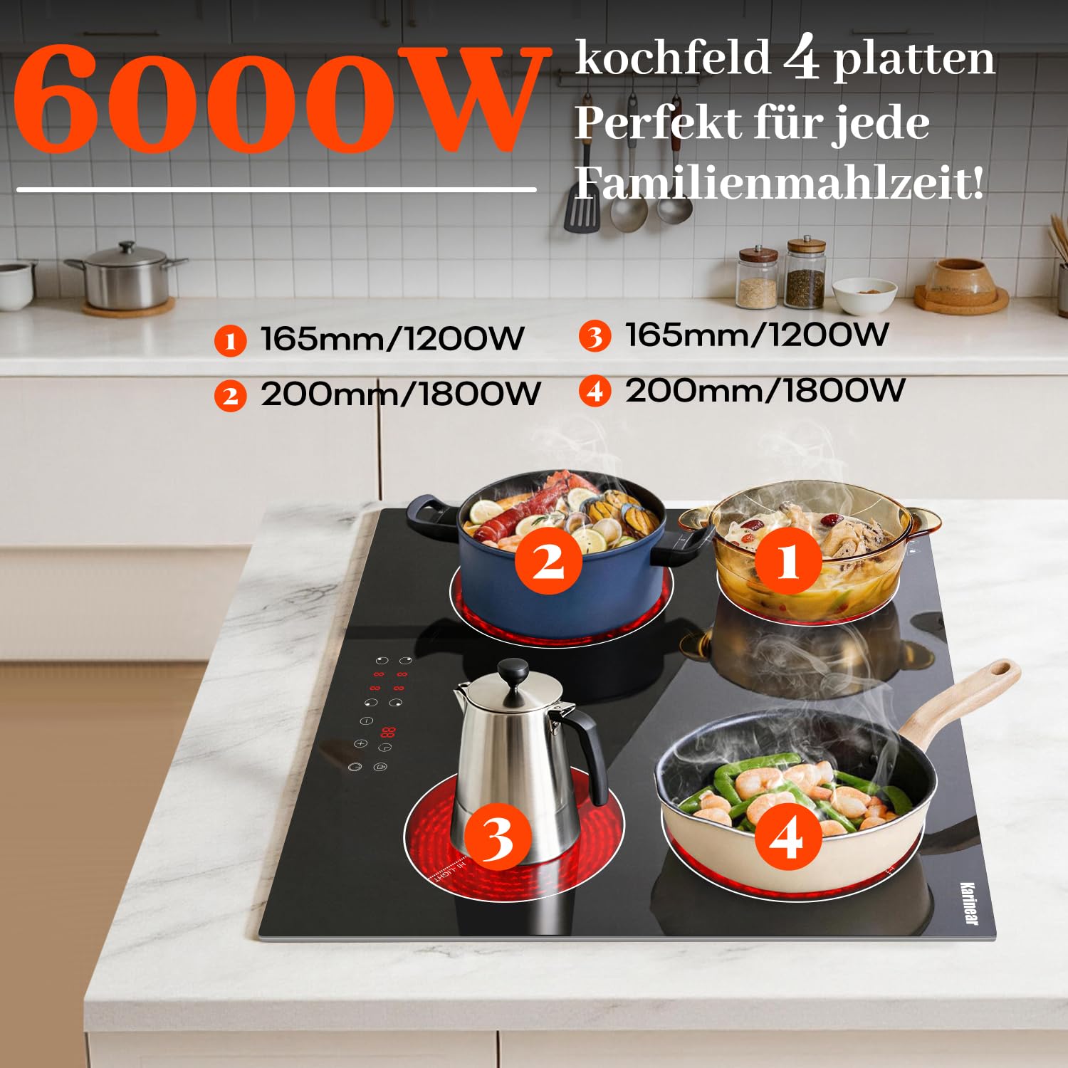 Karinear Glaskeramikkochfeld 4 Platten 6000W 60 cm Touch-Steuerung Timer Sicherheitsverriegelung 240V