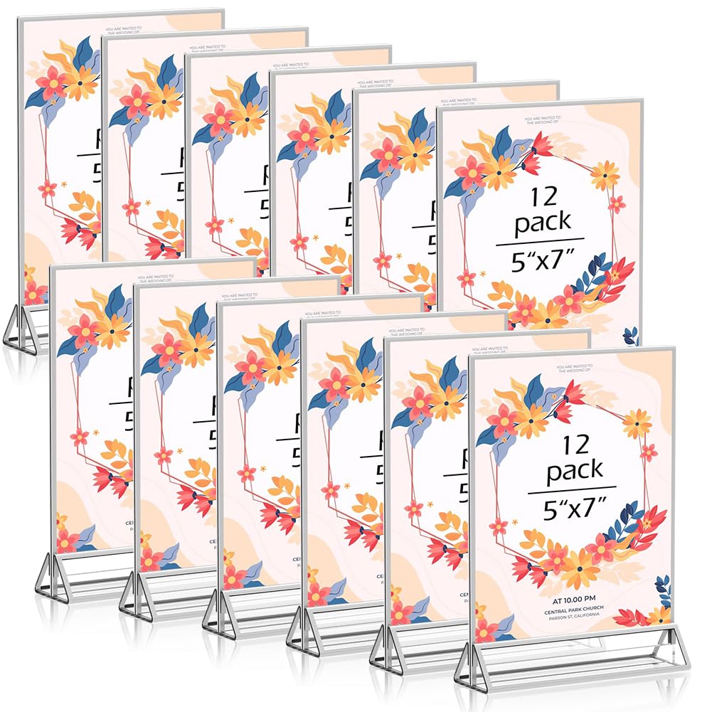 kuchisity 5X7 Acrylic Sign Holder 12 Pack, Double Sided Silver Picture Frames Clear Wedding Table Numbers for Party, Menu, Restaurant, Photo, Office,